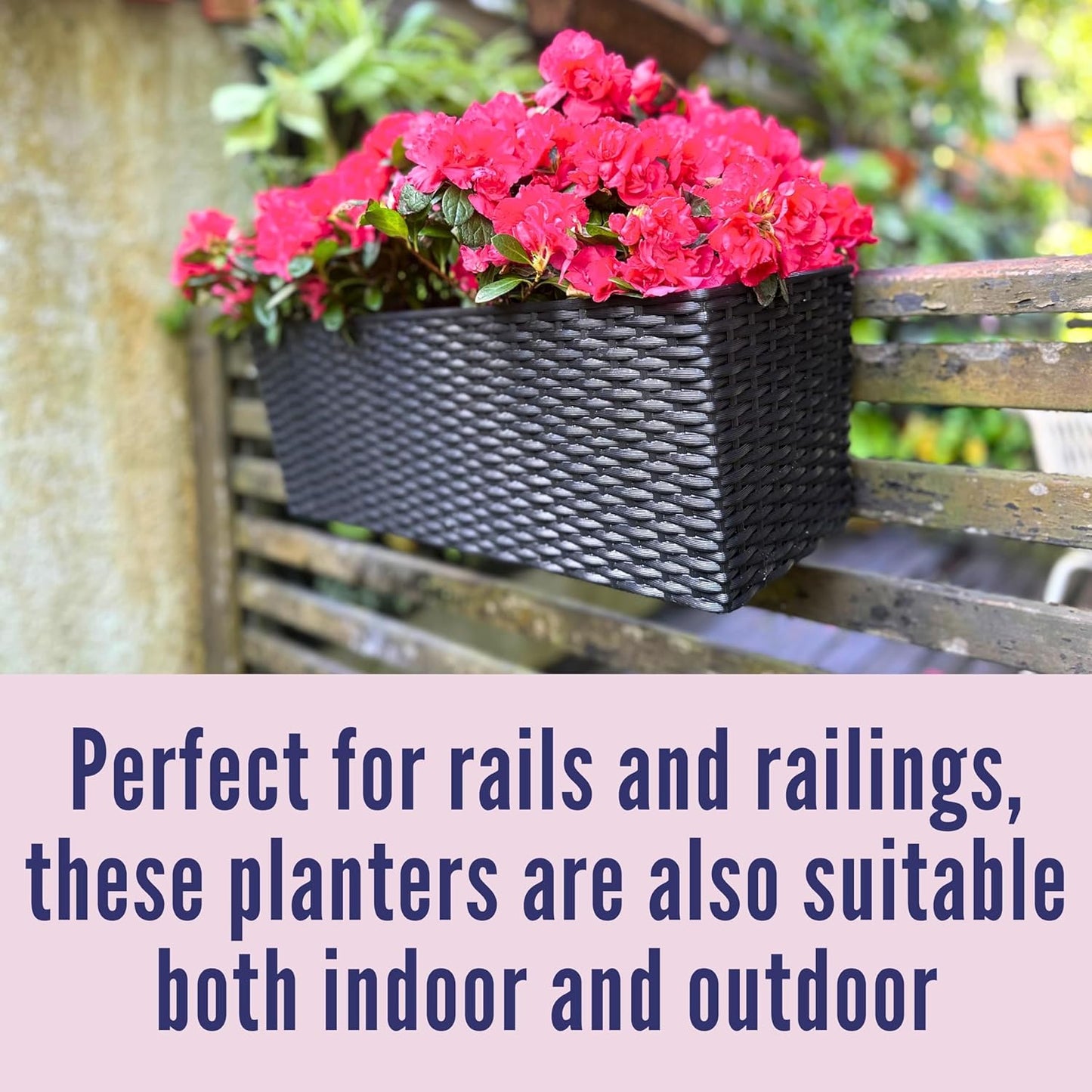LaLaGreen Railing Planters for Balcony Garden (2 Pack, 20 Inch) Self Watering Black Balcony Flower Boxes Over The Rail with Brackets, Rectangular Hanging Deck Planters Outdoor with Rattan Pattern