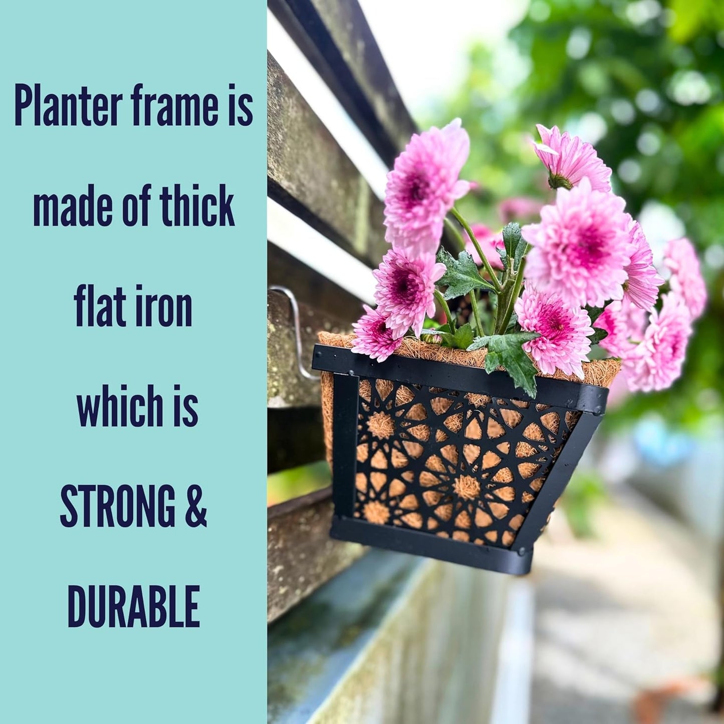 LaLaGreen Window Boxes Planters for Outdoor Plants (4 Pack, 12 Inch) Small and Cute Black Metal Fence Hanging Flower Box Basket with Coco Liner Unique Horse Troughs Balcony Garden Pot Patio Porch Rail