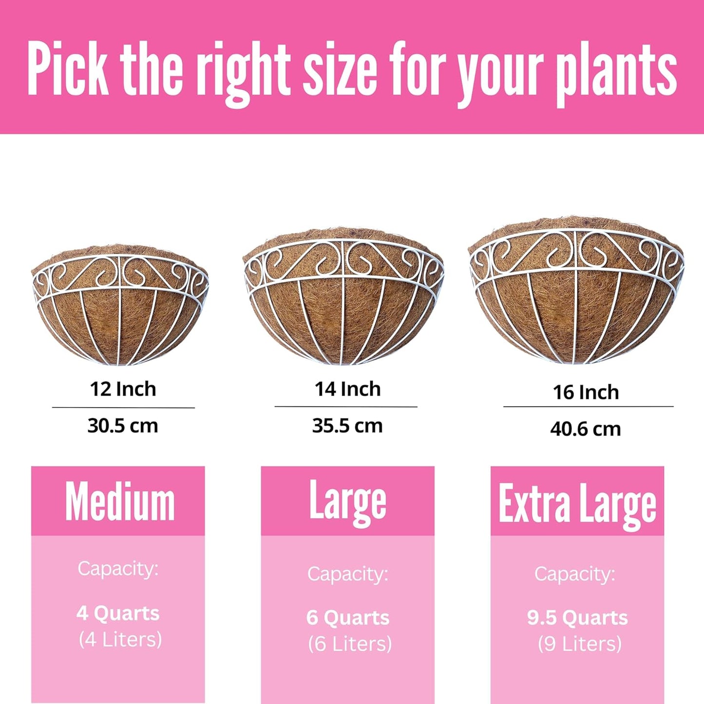 LaLaGreen Wall Mounted Flower Baskets (2 Pack, 12 Inch) Wall Hanging Planter with Coco Liner for Outdoor Plants, White Metal Wire Elegant Herb Pots Holder Fence Railing Deck Porch Balcony Garden Patio