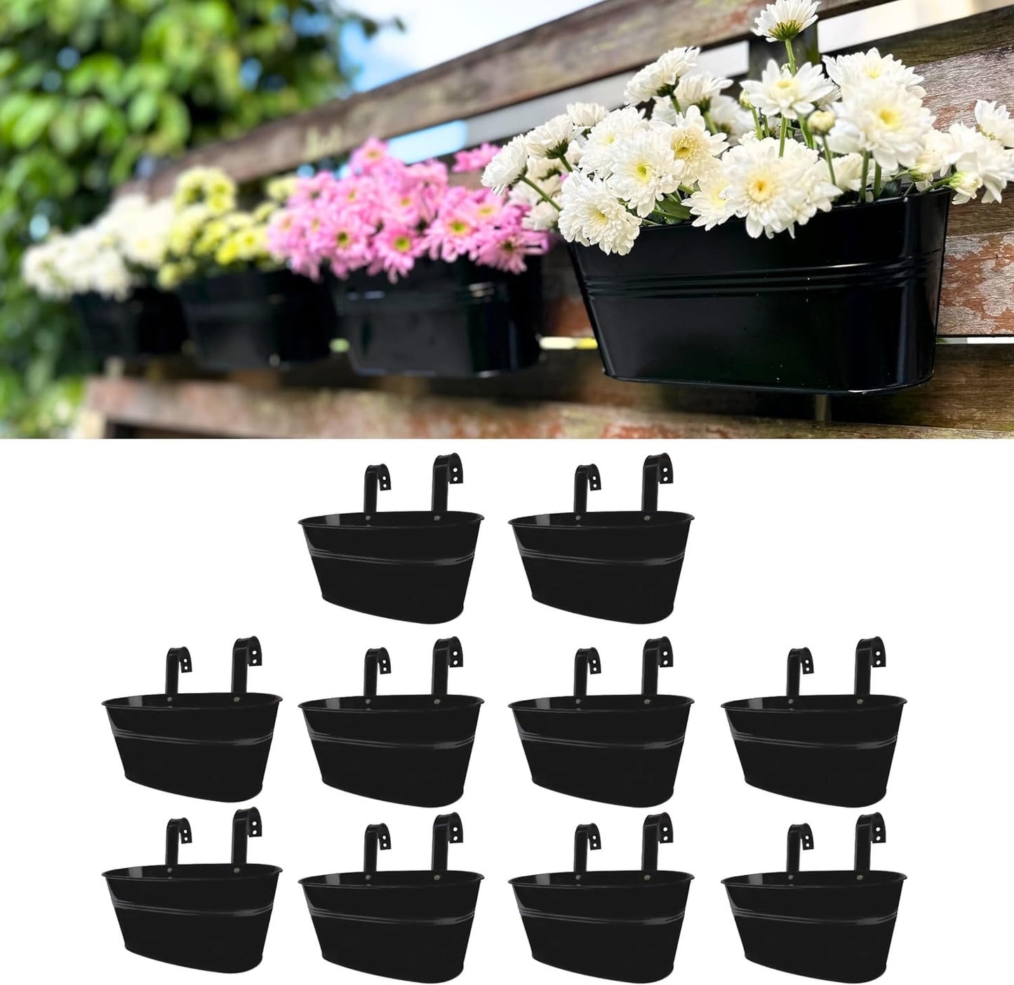 LaLaGreen Outdoor Rail Planter for Balcony (4 Pack, 9.8 Inch) Small and Cute Black Metal Iron Fence Hanging Flower Pots Deck Railings Buckets Boho Style Window Box Plant Holder Hooks Porch Decor