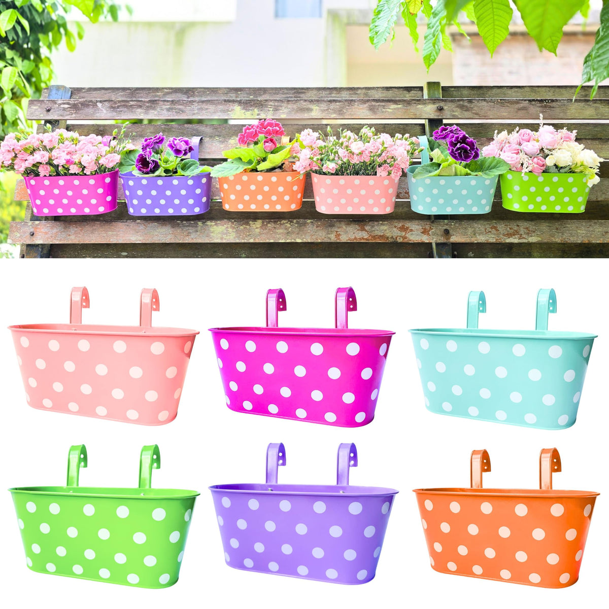 LaLaGreen Polka Dot Metal Railing Planter Boxes