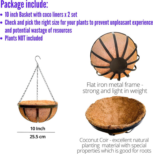 LaLaGreen Outdoor Hanging Baskets for Plants (2 Pack, 10 Inch) Small and Cute Hanging Planters with Coco Liner, Black Metal Flat Iron Flower Pots for Deck Patio Porch Garden Balcony Outside Decoration