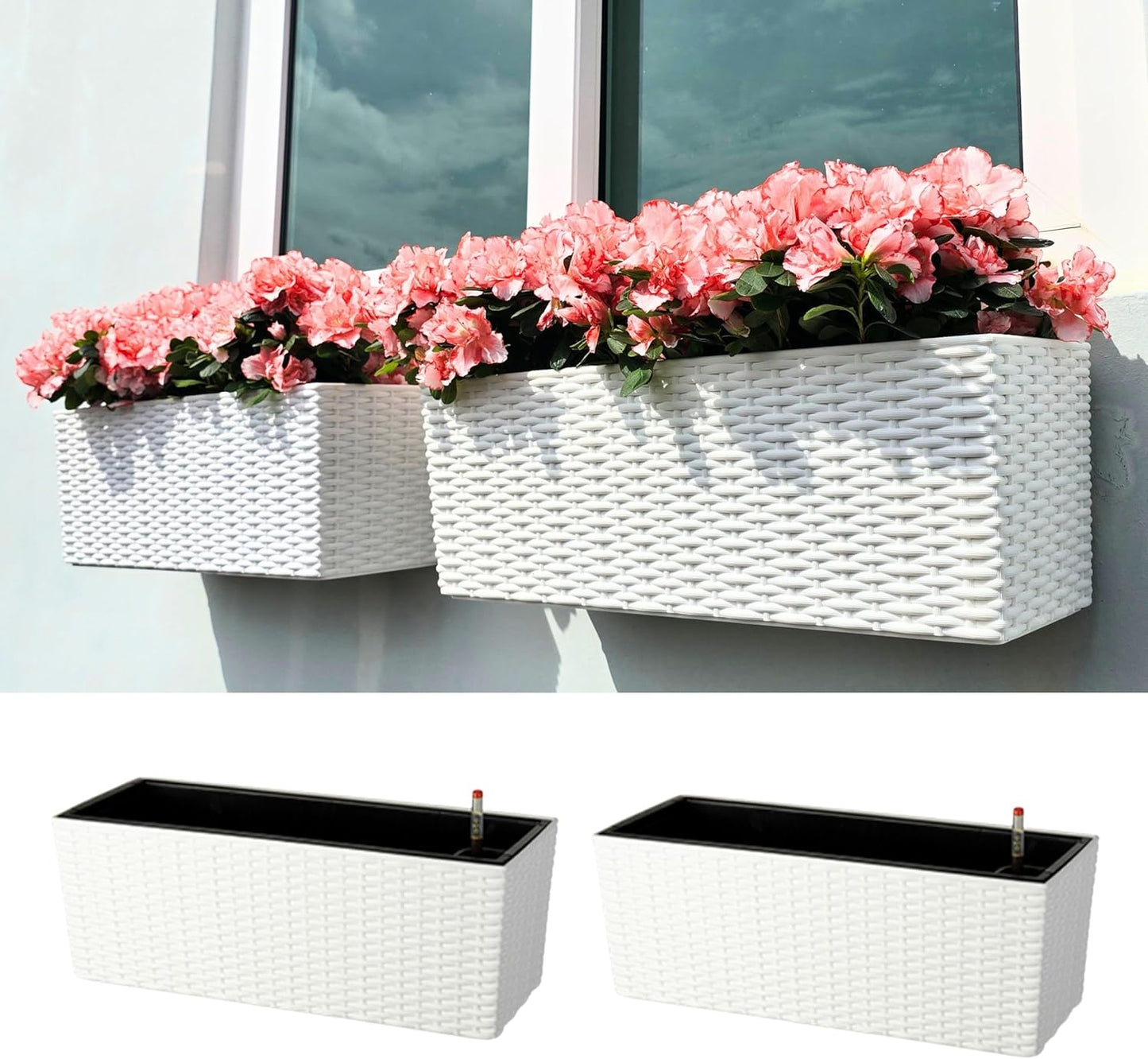 LaLaGreen Window Boxes Planters (20 Inch, 2 Pack) Outdoor Wall Hanging Flower Box with Bracket, Vertical Wall Mounted Self Watering White Rectangular Plant Container Modern Garden Herb Kitchen Indoor