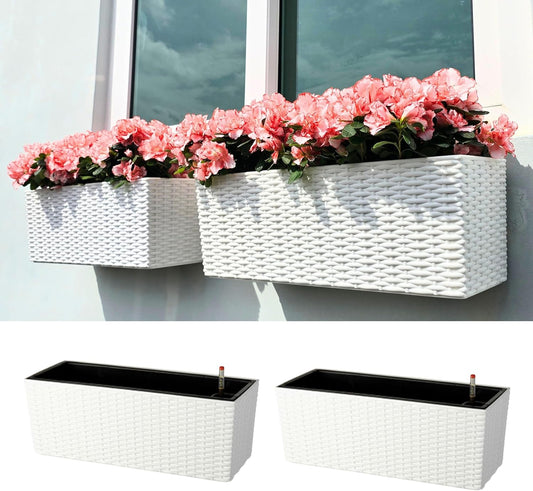 LaLaGreen Window Boxes Planters (20 Inch, 2 Pack) Outdoor Wall Hanging Flower Box with Bracket, Vertical Wall Mounted Self Watering White Rectangular Plant Container Modern Garden Herb Kitchen Indoor
