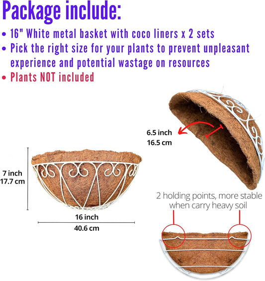 LaLaGreen Outdoor Wall Planters (2 Pack, 16 Inch) White Metal Wall Mounted Hanging Basket with Coco Liner, Large Flower Pot Plant Holder Planter for Fence Railing Deck Porch Balcony Modern Home Decor