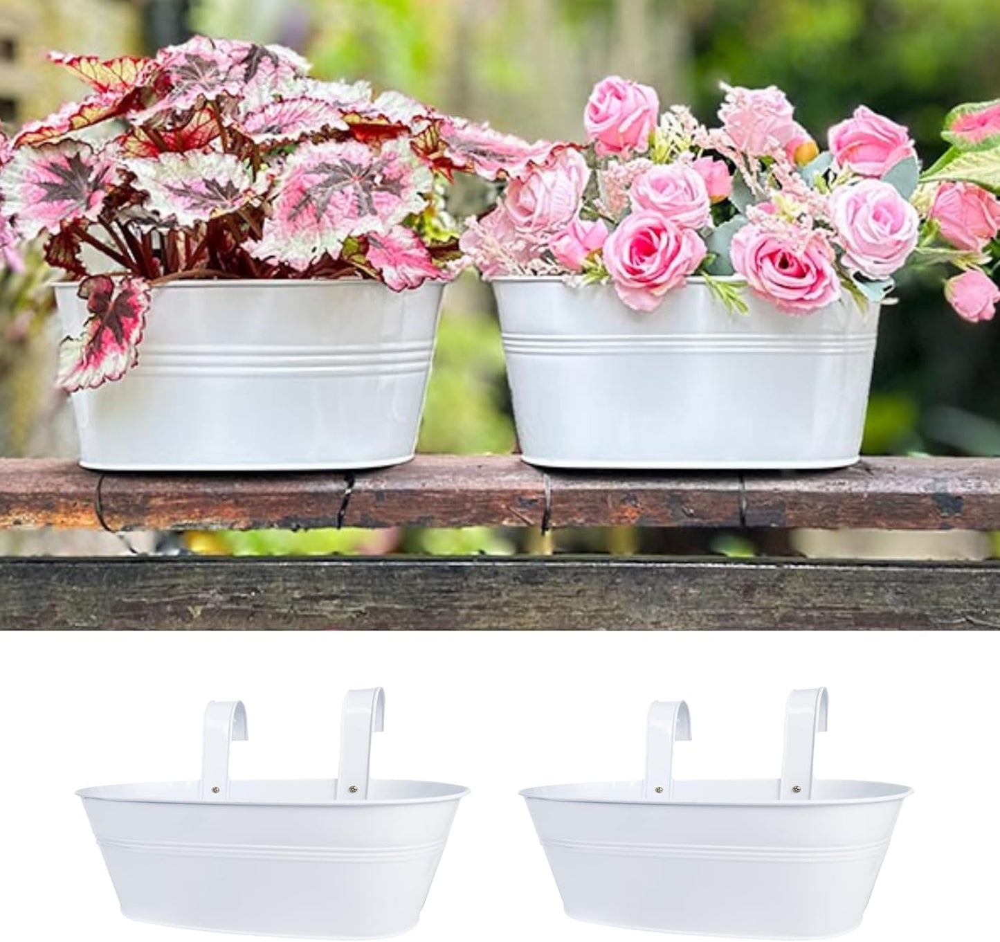 LaLaGreen Outdoor Plants Rail Planter (2 Pack, 15 Inch) White Metal Iron Hanging Flower Pot Deck Railing Fence Bucket Modern Boho Style Wall Mount Window Box Plant Holder Hooks Porch Herb Garden Decor