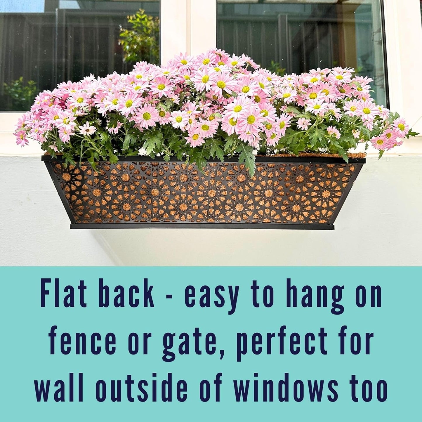 LaLaGreen Window Boxes Planters for Outdoor Plants (2 Pack, 24 Inch) Large Fence Hanging Planter Metal Deck Railing Flower Box with Coco Liner, Trendy Horse Troughs Balcony Pots Patio Porch Over Rail