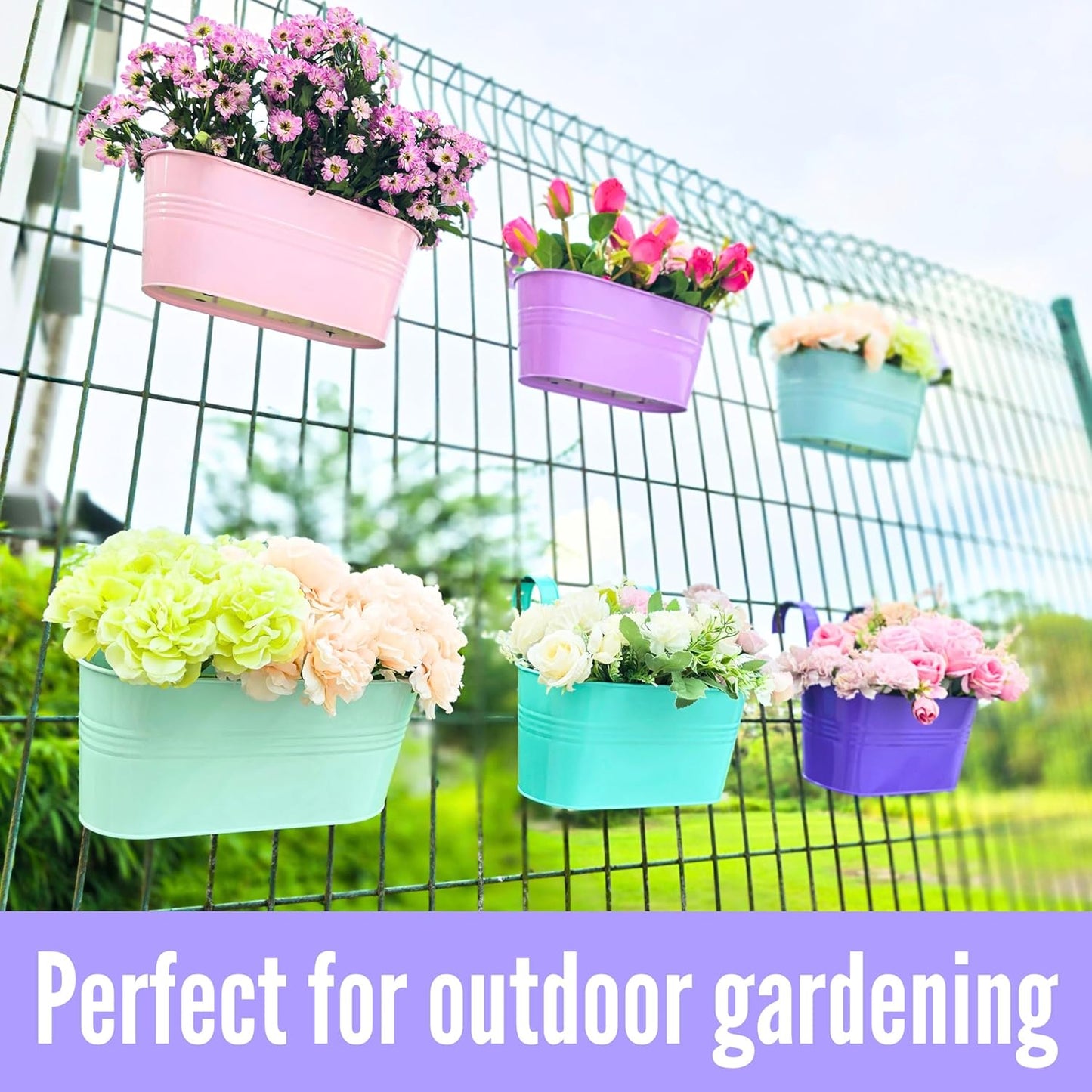 LaLaGreen Outdoor Hanging Planter (11.2 Inch, 6 Pack) Light Pink, Light Purple, Turquoise, Light Blue, Dark Purple, Cadet Blue Metal Iron Window Box Flower Pot Deck Railings Fence Porch Garden Decor