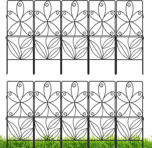 ShopLaLa Decorative Garden Fence (10 Panels) 12.5in(L) x 31in(H) Animal Barrier Fencing Rustproof Black Metal Wire Flower Edging for Landscape, Small Dog Fences Large No Dig Outdoor Yard Border D-F30C