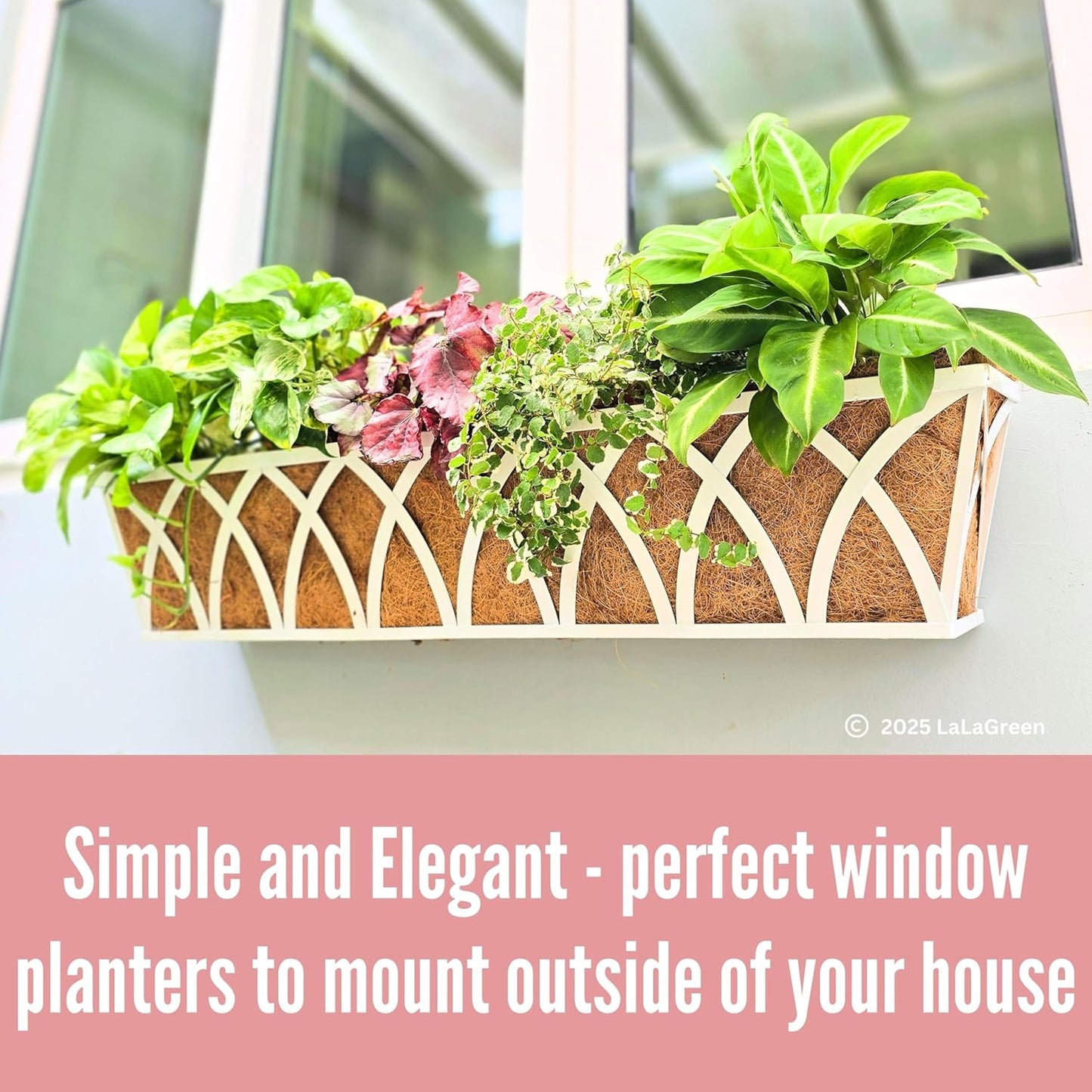 LaLaGreen Wall Planter (24 Inch, 2 Pack) White Metal Rectangular Hanging Flower Box Window Boxes Planters with Coco Liner Attach House Outdoor, Farmhouse Plant Holder Deck Railing Patio Balcony Fence