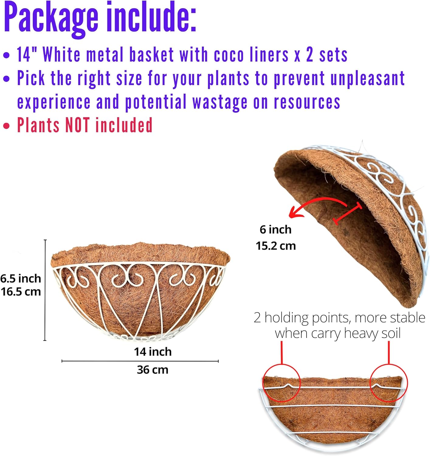 LaLaGreen Outdoor Wall Planters (2 Pack, 14 Inch) White Metal Wall Mounted Hanging Basket with Coco Liner, Semi-Circle Flower Pot Plant Holder for Fence Railing Deck Porch Balcony French Garden Decor