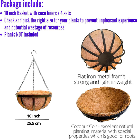 LaLaGreen Outdoor Hanging Baskets for Plants (4 Pack, 10 Inch) Small and Cute Hanging Planters with Coco Liner, Metal Black Flat Iron Flower Pots for Deck Porch Patio Garden Balcony Outside Decoration