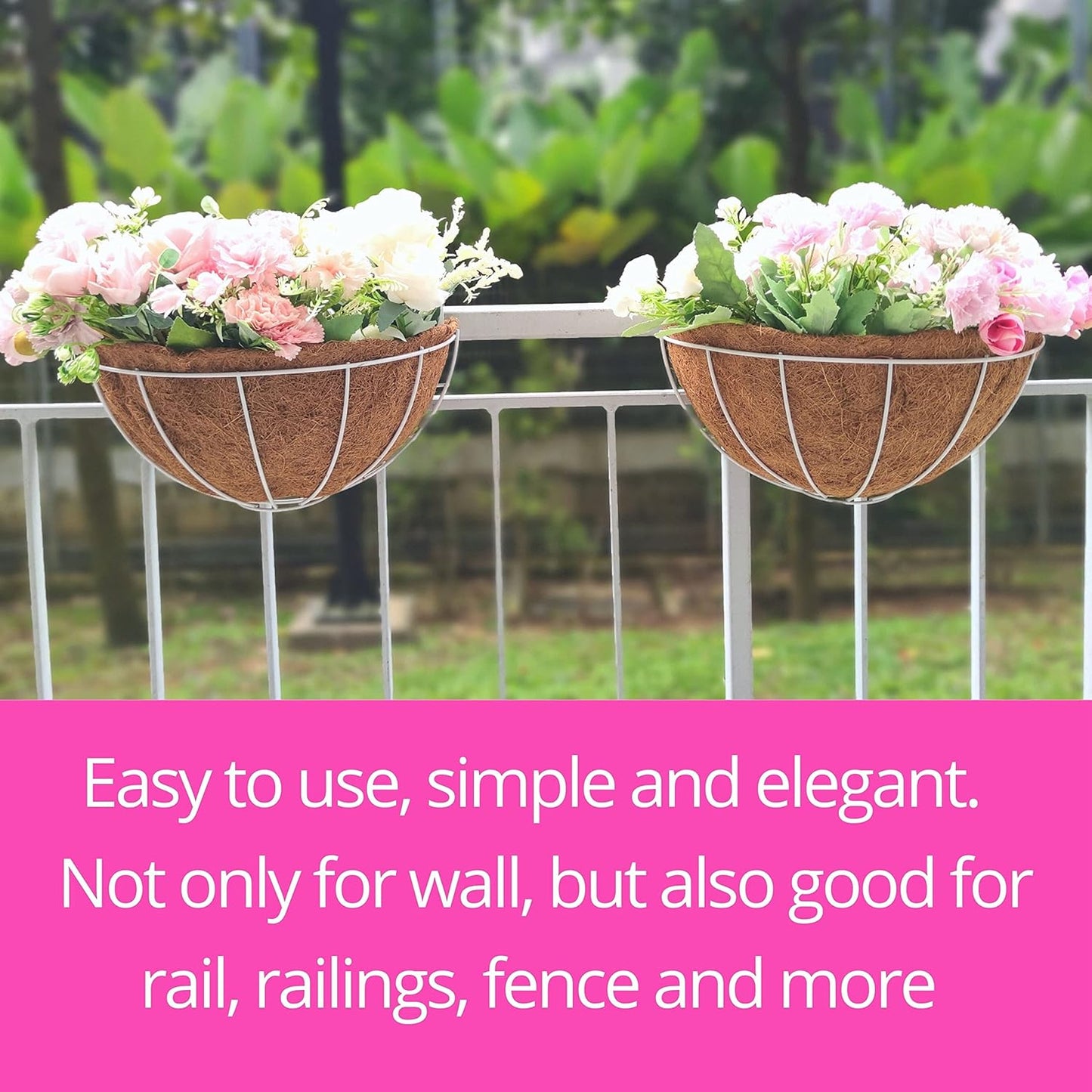 LaLaGreen Large Wall Planters, 2 Pack, 16 Inch Wall Hanging Pots with Coco Liner, White Metal Wire Rail Flower Basket Box Outdoor Outside Fence Railings Plant Holder Deck Porch Balcony Garden Decor