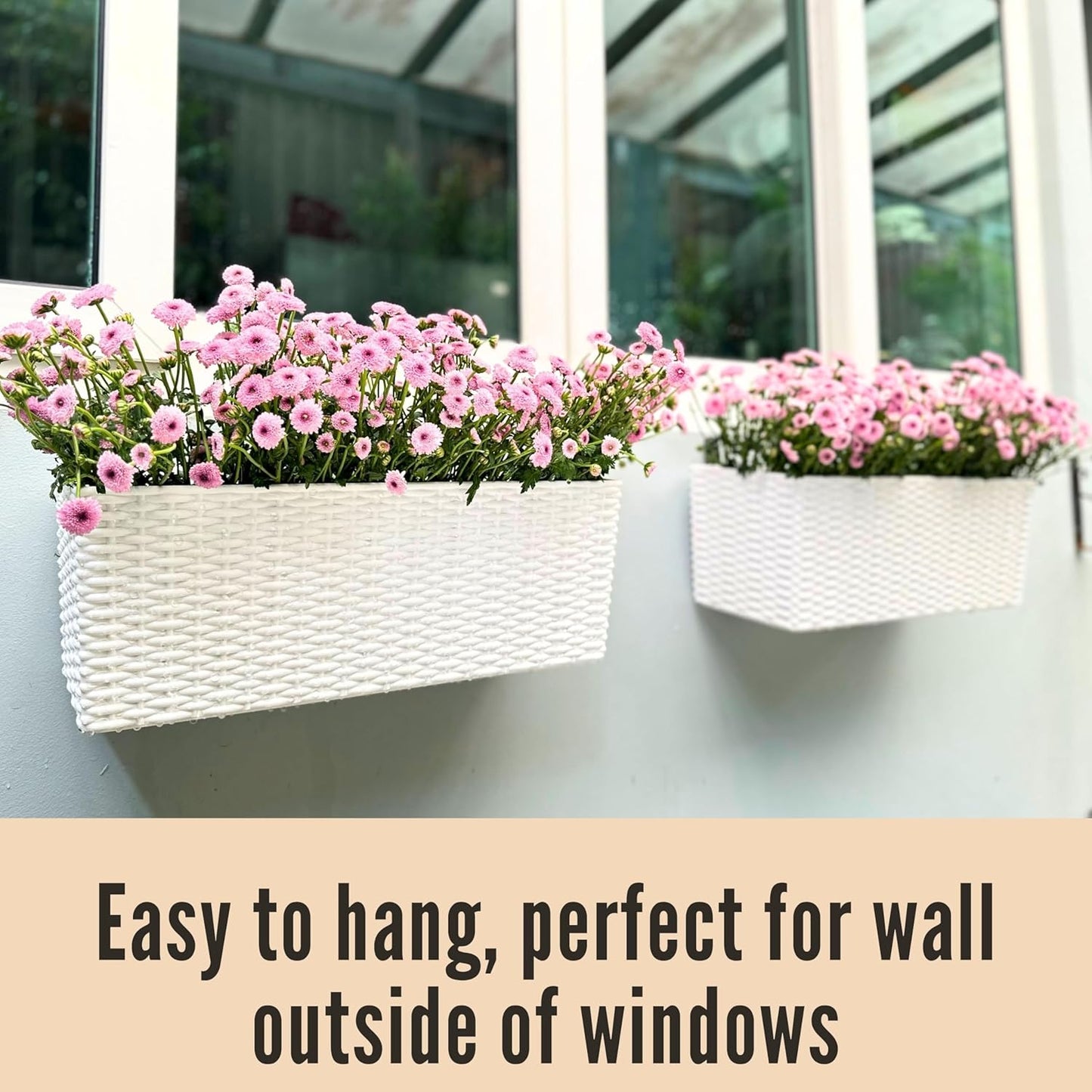 LaLaGreen Window Boxes Planters (20 Inch, 2 Pack) Outdoor Wall Hanging Flower Box with Bracket, Vertical Wall Mounted Self Watering White Rectangular Plant Container Modern Garden Herb Kitchen Indoor