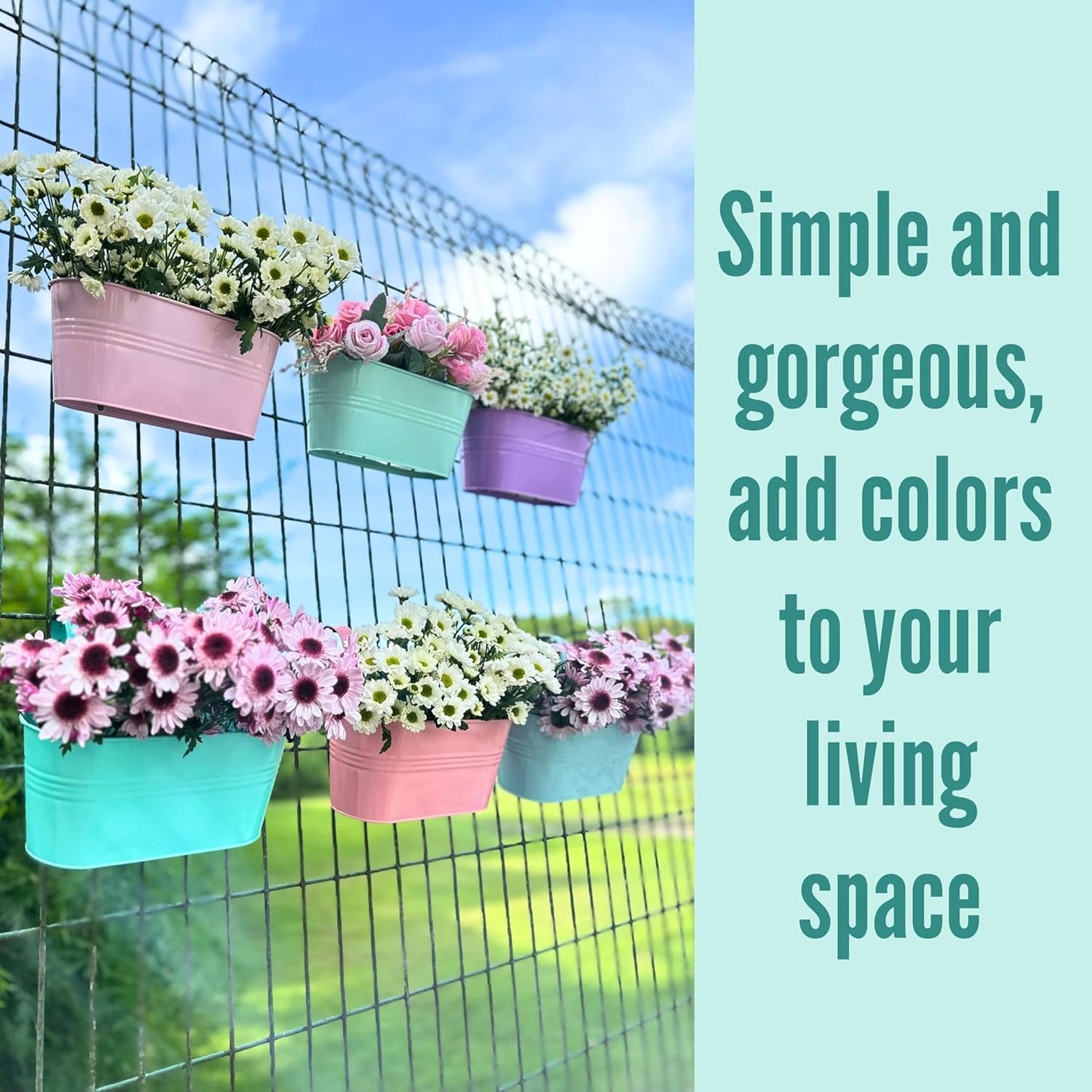 LaLaGreen Outdoor Hanging Planter (11.2 Inch, 6 Pack) Light Pink, Light Purple, Turquoise, Light Blue, Peachy Pink, Cadet Blue Metal Iron Window Flower Pot Deck Railing Balcony Fence Rail Garden Decor