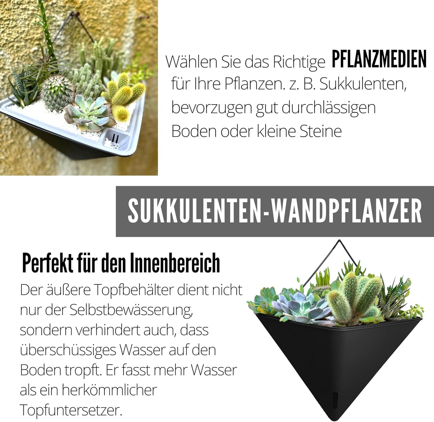 LaLaGreen Wall Planters for Indoor Plants - 4 Pack, 12 Inch Large Self Watering Black Geometric Hanging Flower Vase Vessel with Metal Hanger, Modern Stylish Wall Mounted Succulent Pot Holder Decor