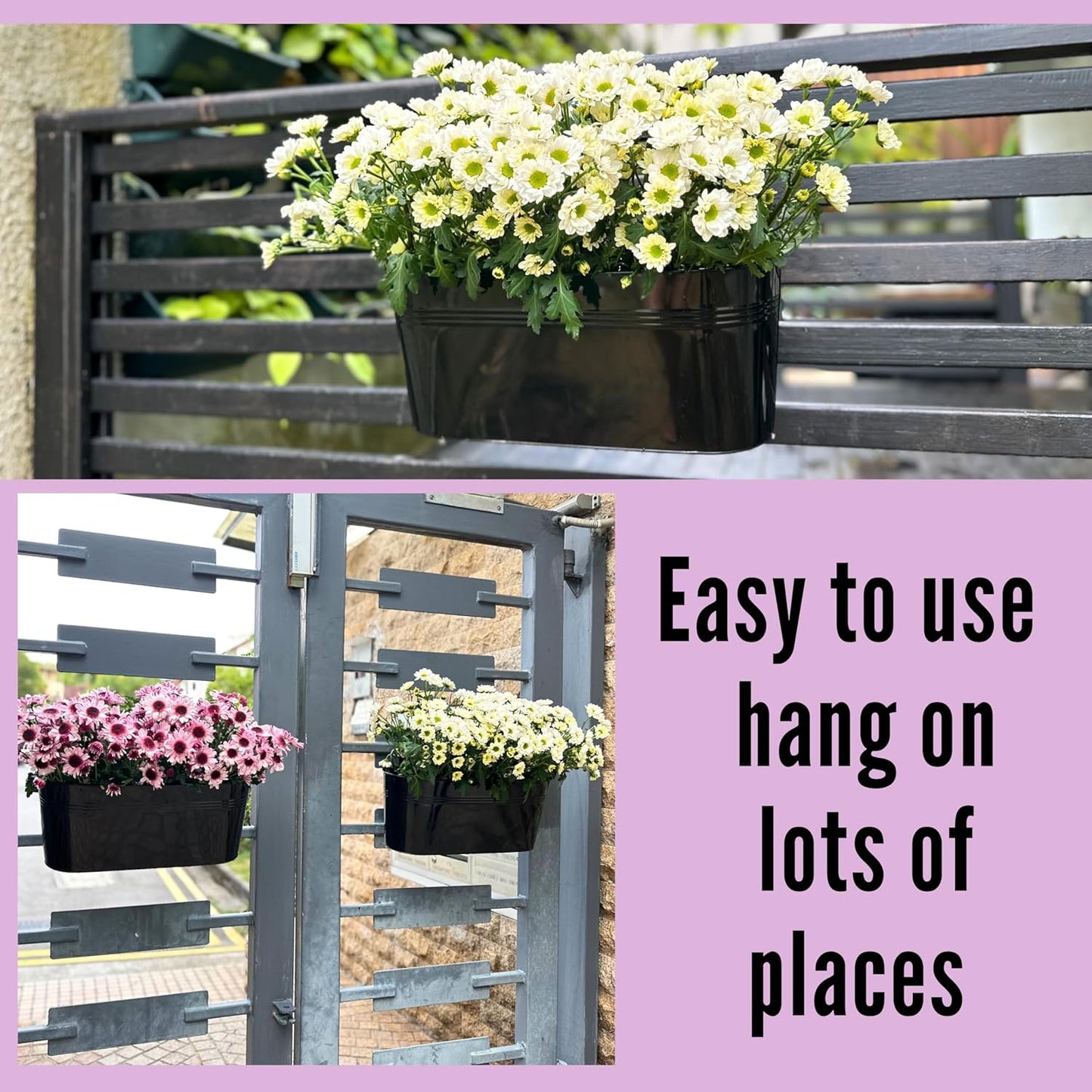 LaLaGreen Outdoor Plants Rail Planter (16 Inch, 2 Pack) Black Metal Iron Hanging Flower Oval Pots Railings Fence Buckets Modern Boho Style Wall Mount Window Boxes Plant Holder Hooks Porch Home Decor