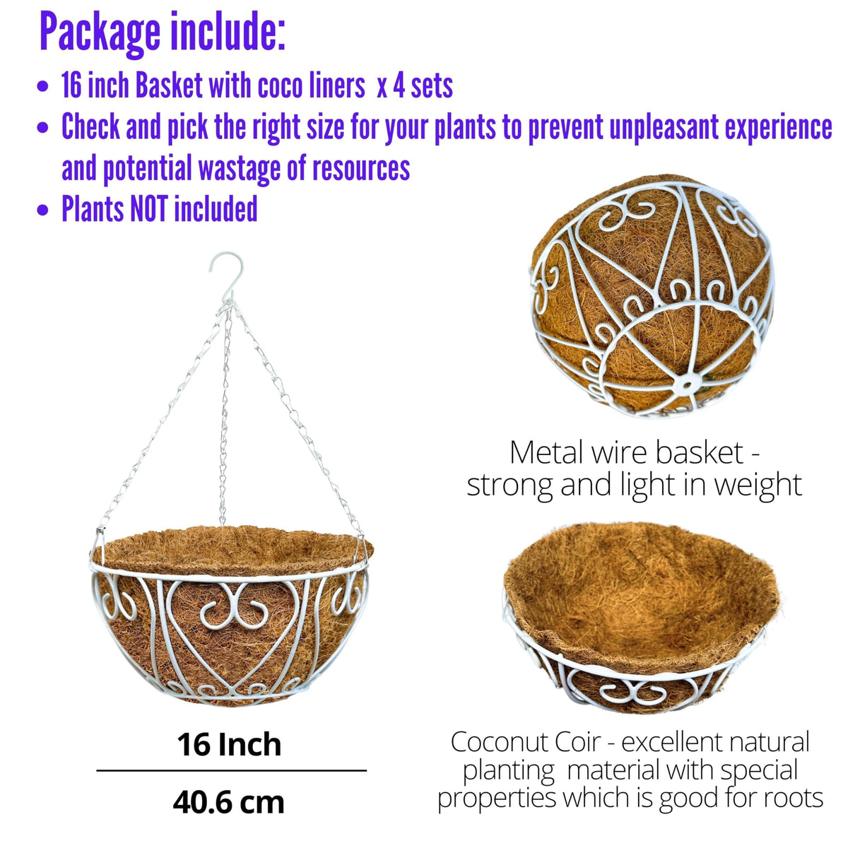 LaLaGreen Metal Hanging Baskets (10 in, 2 Pack) White Coco Liner Plant Pots