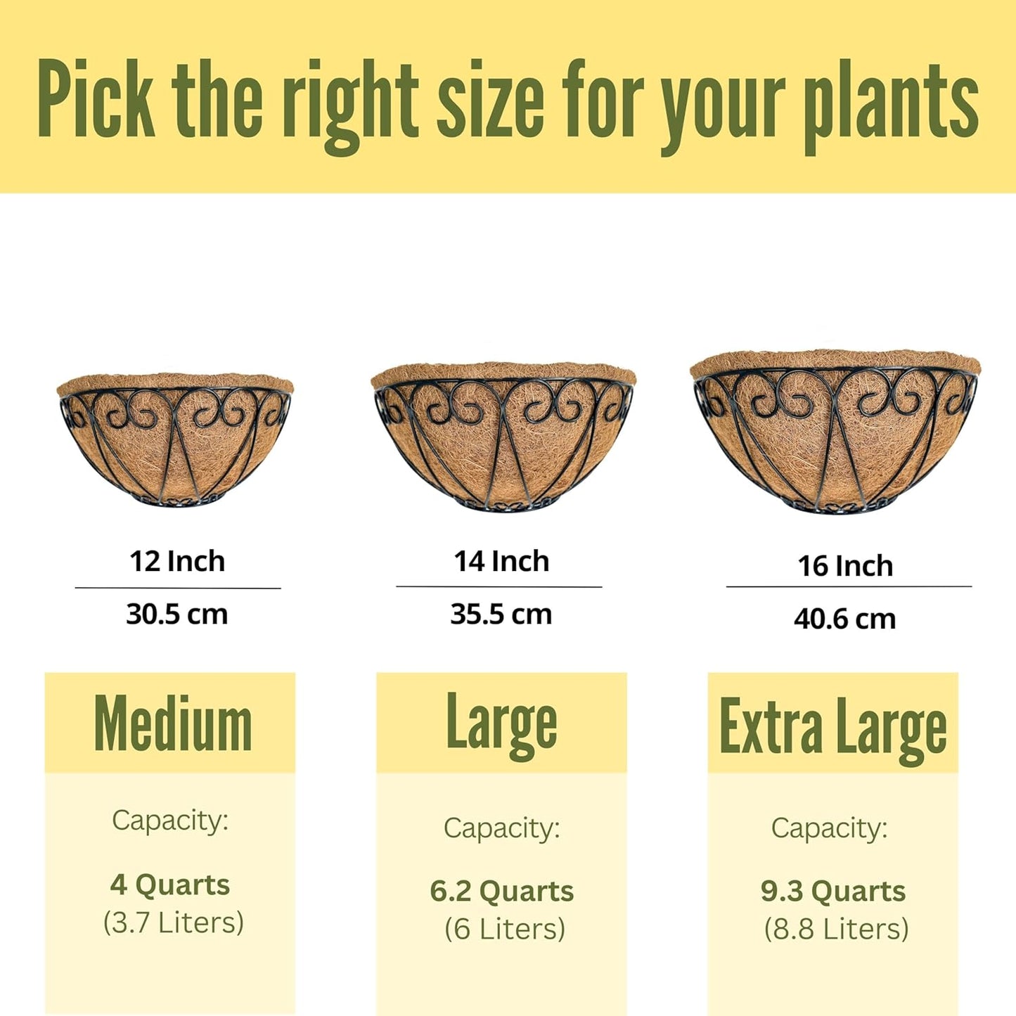 LaLaGreen Outdoor Wall Planters (2 Pack, 14 Inch) Black Metal Wall Mounted Hanging Basket with Coco Liner, Semi-Circle Flower Pot Plant Holder for Fence Railing Deck Porch Balcony French Garden Decor