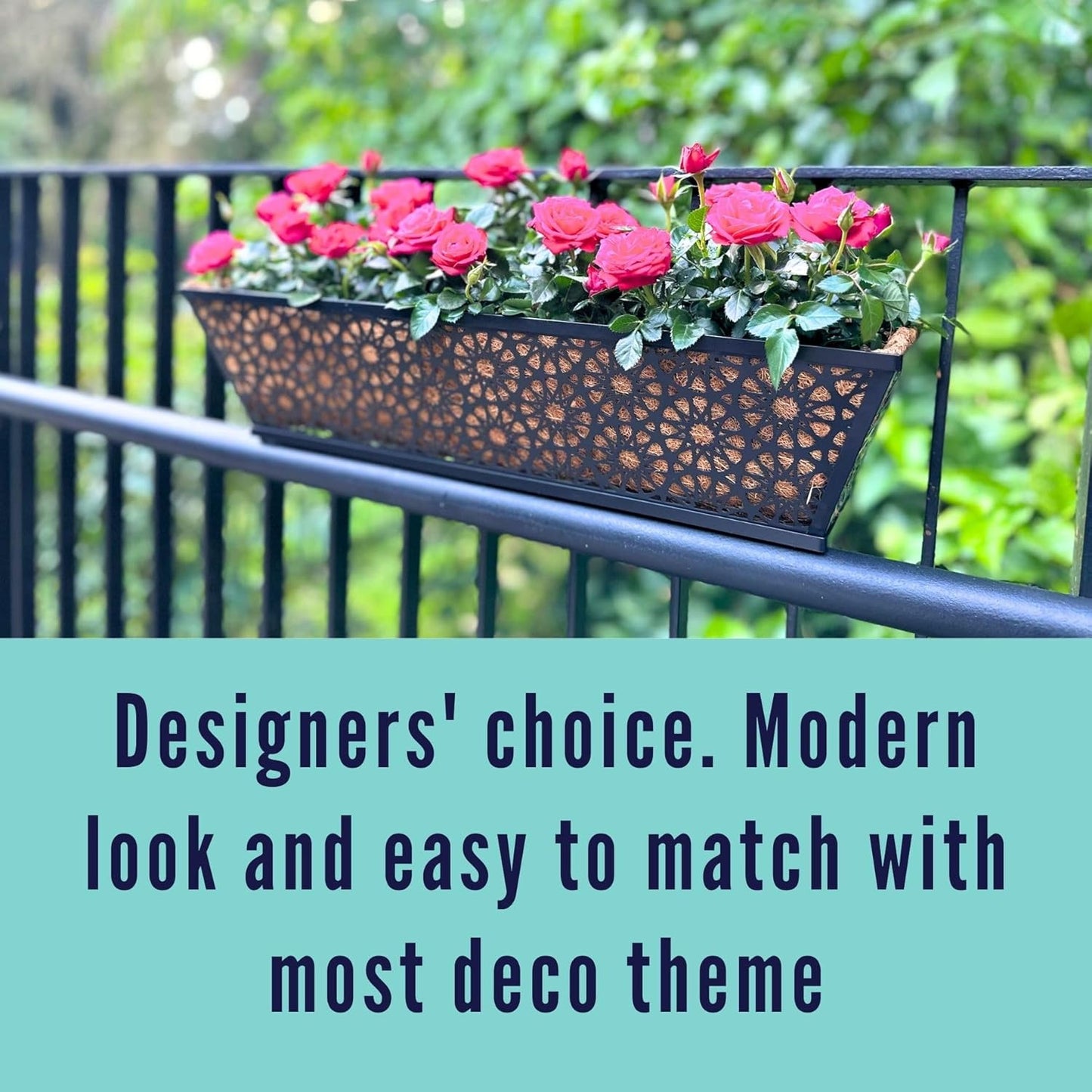 LaLaGreen Window Planter Boxes Outdoor (4 Pack, 24 Inch) Large Fence Hanging Planters Outdoor Plants, Metal Deck Railing Flower Box with Coco Liner, Modern Horse Troughs Balcony Pots Patio Porch Rail