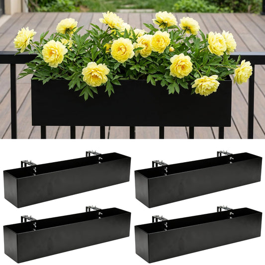 LaLaGreen Railing Planter Box (24 Inch, 4 Pack) Black Metal Rectangular Hanging Flower Boxes with Brackets, Deck Railings Planters for Outdoor Plants Fence Over Rail Balcony Patio Porch Stylish Garden