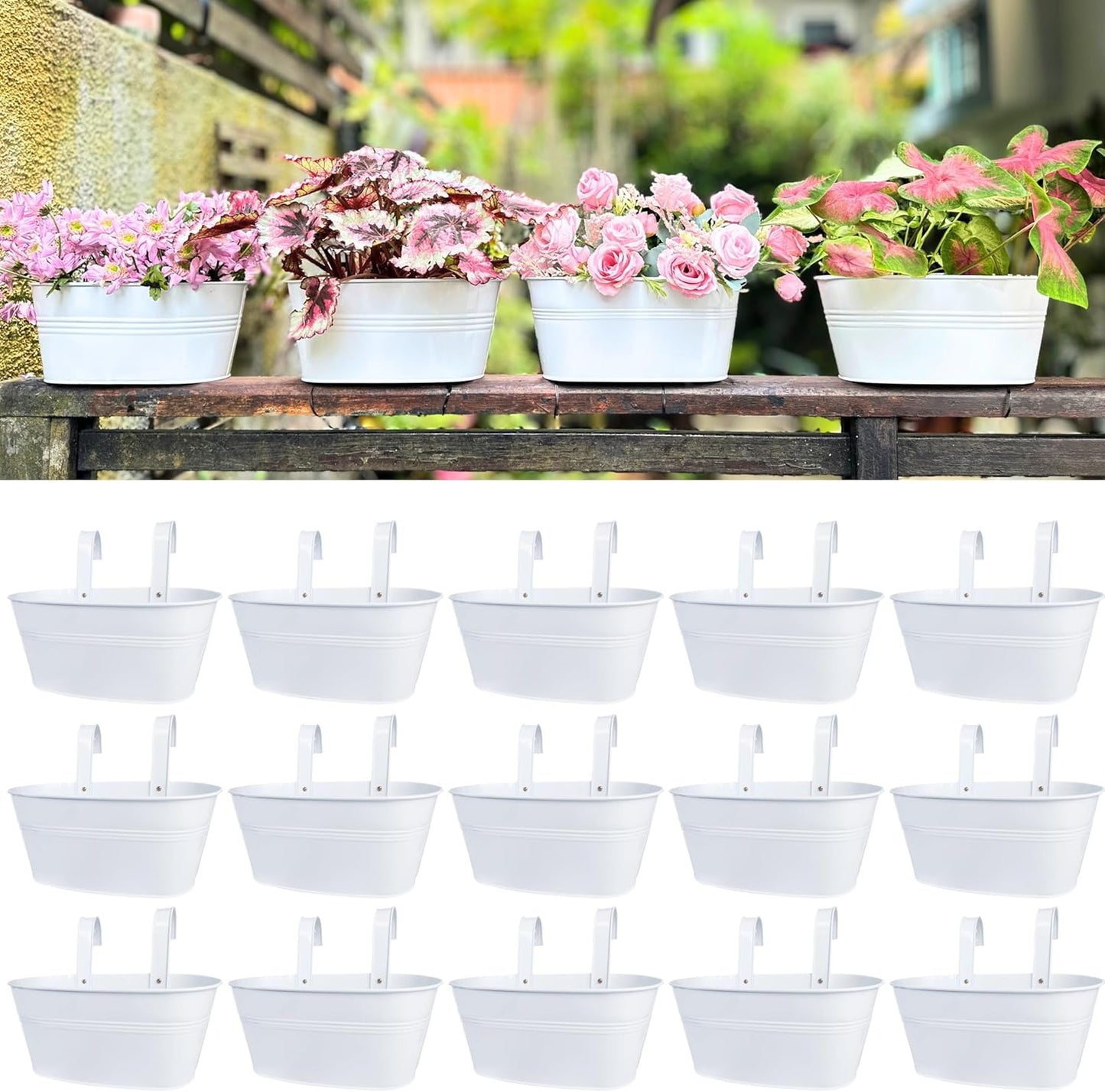 LaLaGreen Outdoor Rail Planter (4 Pack, 11.8 Inch) Metal Iron Hanging Flower Pots Deck Railings Fence Buckets Modern Countryside Boho Style White Wall Mount Window Box Plant Holder Hooks Porch Decor