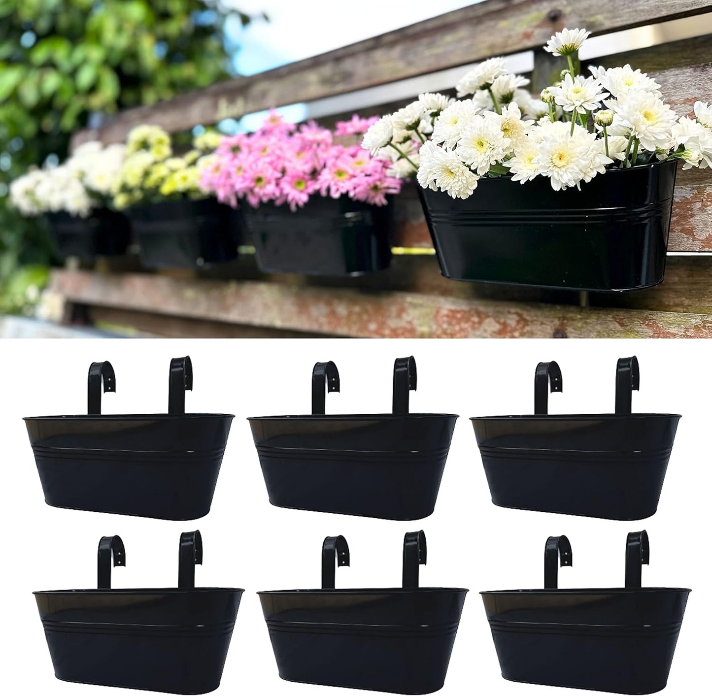 LaLaGreen Railing Planter Outdoor Plants (11.2 Inch, 2 Pack) Black Metal Iron Hanging Flower Pots Deck Rail Fence Hanging Bucket Modern Countryside Style Window Box Plant Holder with Hooks Porch Decor