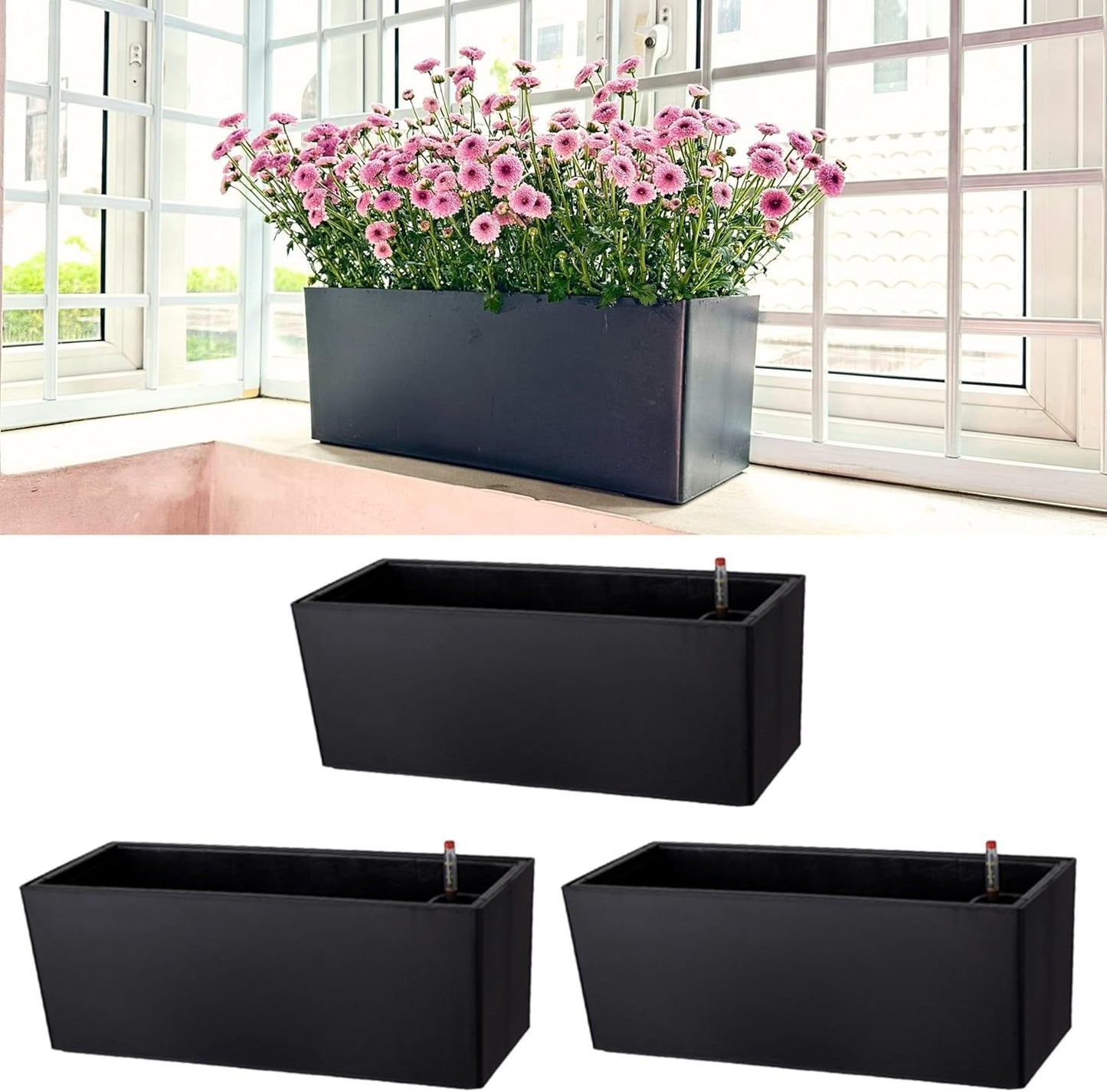 LaLaGreen Planter Box for Indoor Plants (3 Pack, 14 Inch) Black Rectangular Self Watering Flower Pot, Window Boxes Planters with Drainage Decorative Modern Balcony Windowsill Herb Home Garden Kitchen