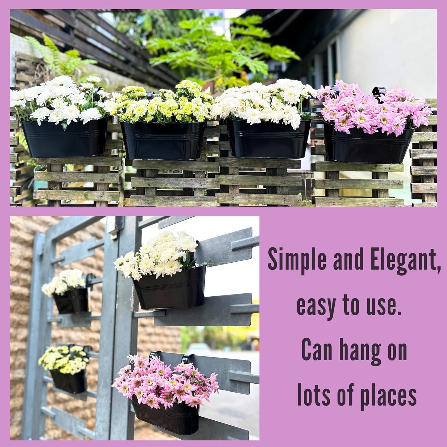 LaLaGreen Rail Planter Outdoor Plants(11.8 Inch, 15 Pack) Black Metal Iron Hanging Flower Pots Deck Railings Fence Buckets Modern Countryside Boho Style Wall Mount Window Box Plant Holder Porch Decor