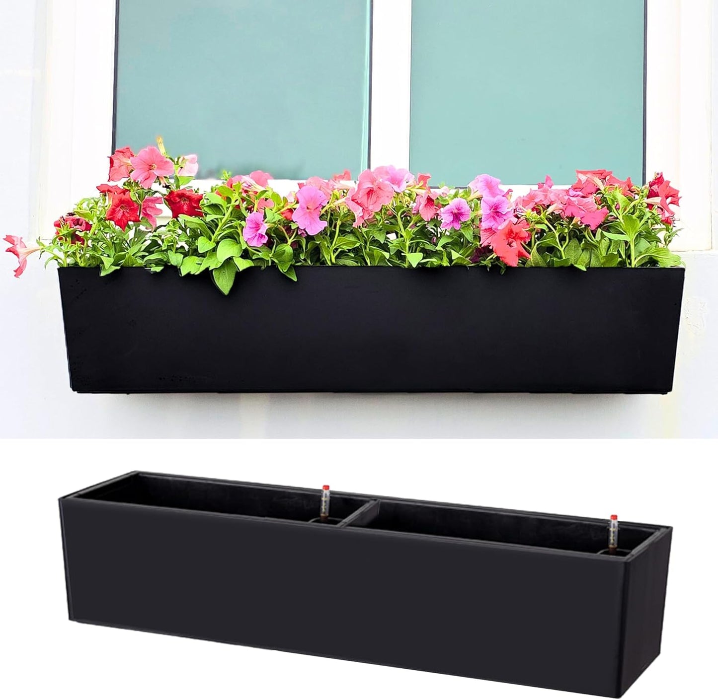 LaLaGreen Planter Boxes Outdoor (40 Inch, 1 Pack) Large Rectangular Self Watering System, Black Window Flower Boxes with Bracket Vertical Plant Container Wall Mount Indoor Succulent Herb Garden Home
