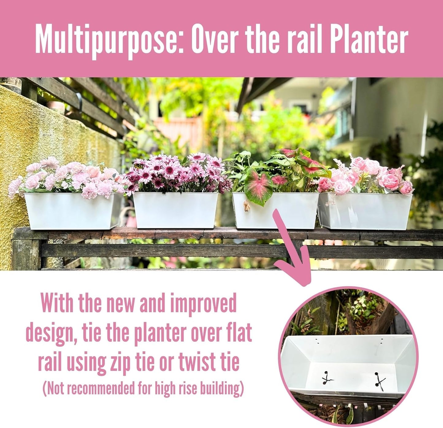 LalaGreen Window Boxes Planters (4 Pack, 12 Inch) White Metal Rectangle Outdoor Wall Hanging Flower Pots with Detachable Handle, Strawberry Railing Balcony Fence for Artificial Plant Rustic Boho Decor