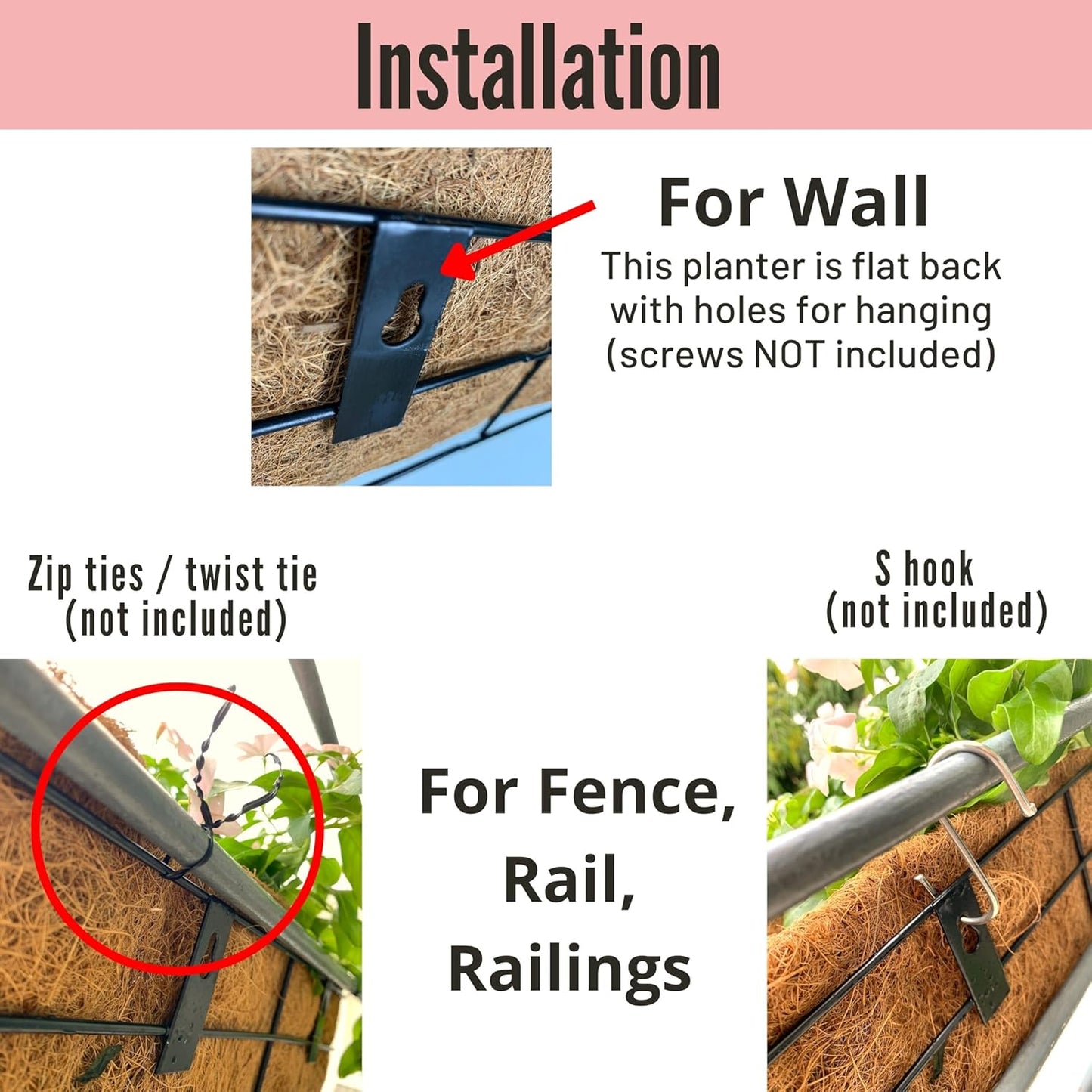 LaLaGreen Wall Planters - 2 Pack, 16 Inch Window Flower Boxes Outdoor, Deck Railing Hanging Metal Wire Basket Black with Coco Liners Horse Troughs Fence Balcony Garden Farmhouse Patio Porch Over Rail