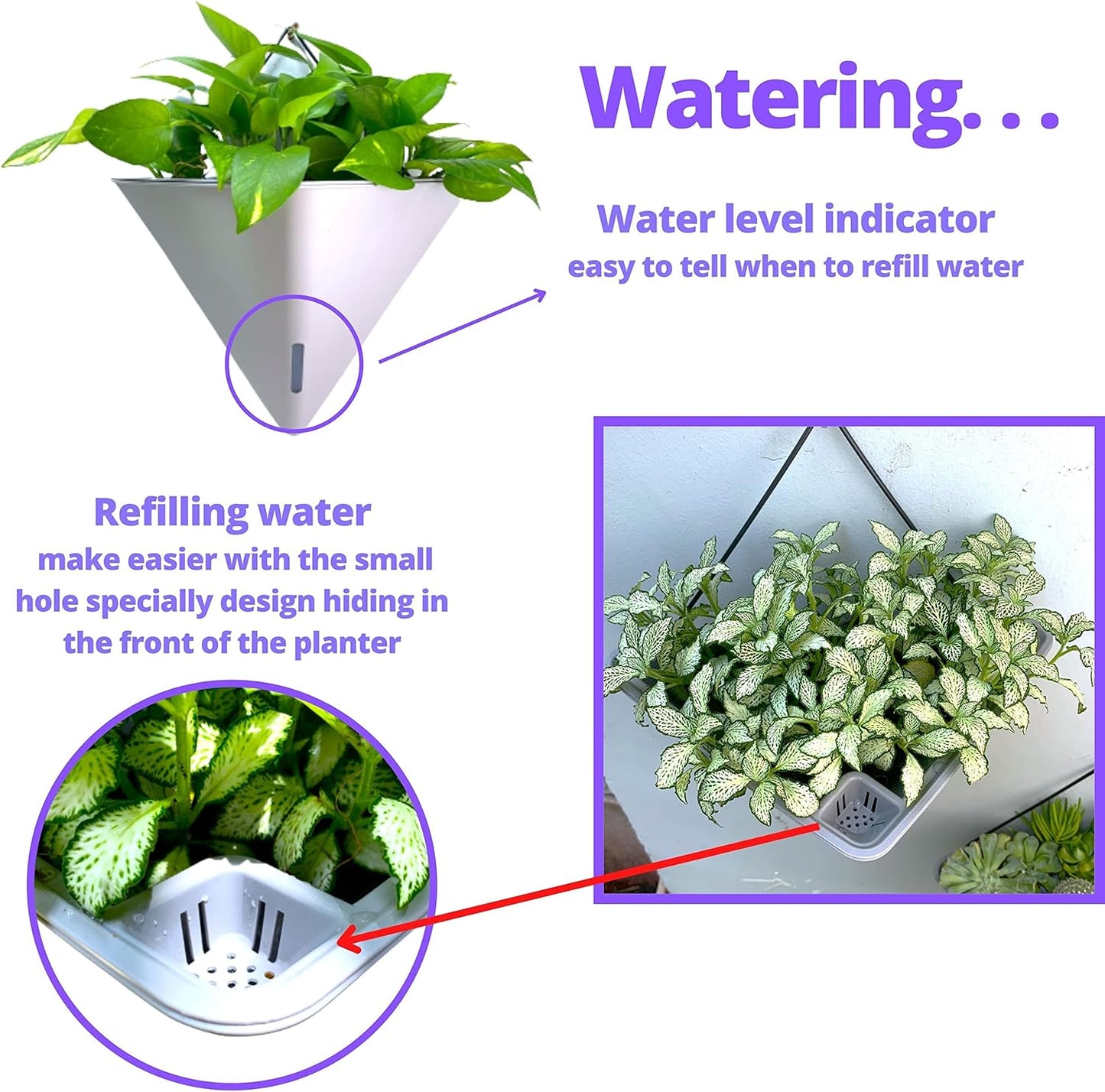 LaLaGreen Wall Planters - 4 Pack, 12 Inch Large Self Watering White and Gray Mixed Color Geometric Indoor Vertical Garden Plant Wall Hanging Flower Vase Vessel with Black Metal Hanger Modern Stylish