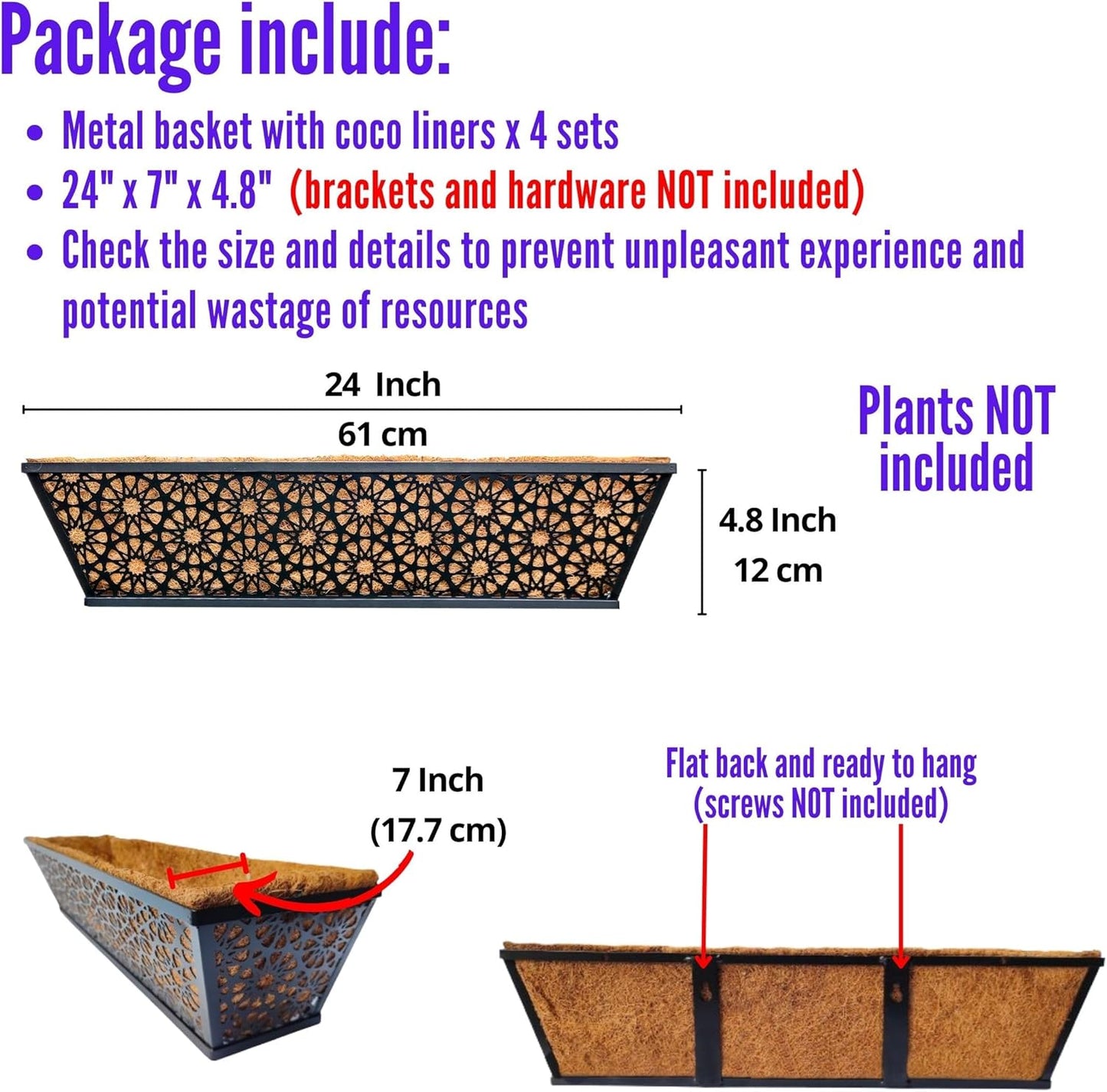 LaLaGreen Window Planter Boxes Outdoor (4 Pack, 24 Inch) Large Fence Hanging Planters Outdoor Plants, Metal Deck Railing Flower Box with Coco Liner, Modern Horse Troughs Balcony Pots Patio Porch Rail