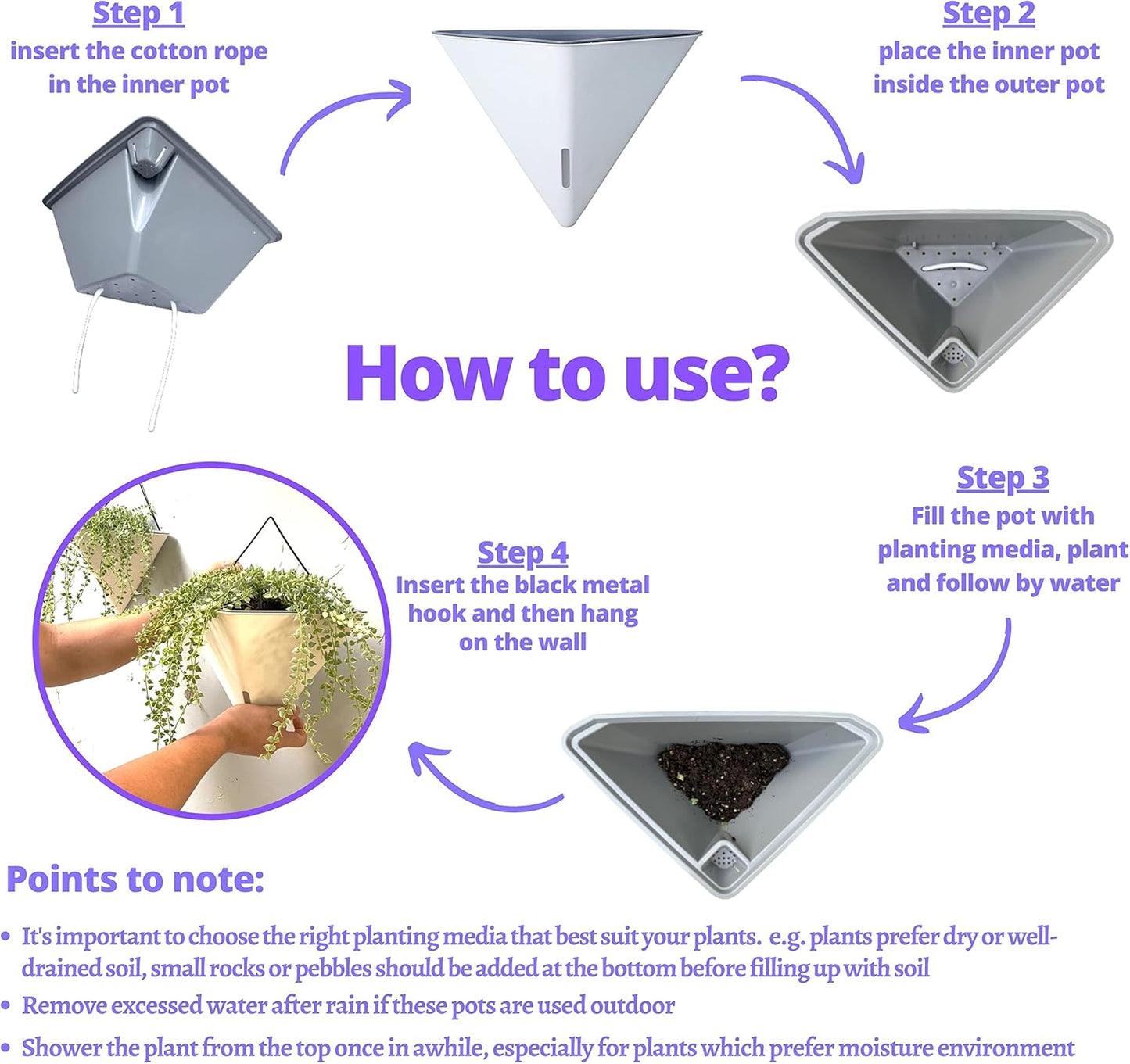 LaLaGreen Wall Planters - 4 Pack, 12 Inch Large Self Watering White and Gray Mixed Color Geometric Indoor Vertical Garden Plant Wall Hanging Flower Vase Vessel with Black Metal Hanger Modern Stylish