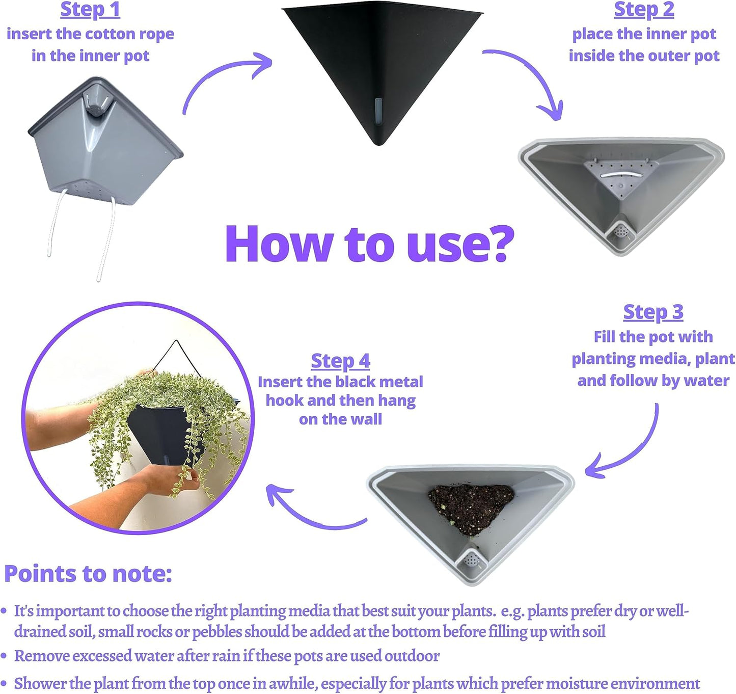 LaLaGreen Wall Planters - 4 Pack, 12 Inch Large Self Watering Black and Gray Mixed Color Geometric Indoor Vertical Garden Plant Wall Hanging Flower Vase Vessel with Black Metal Hanger Modern Stylish