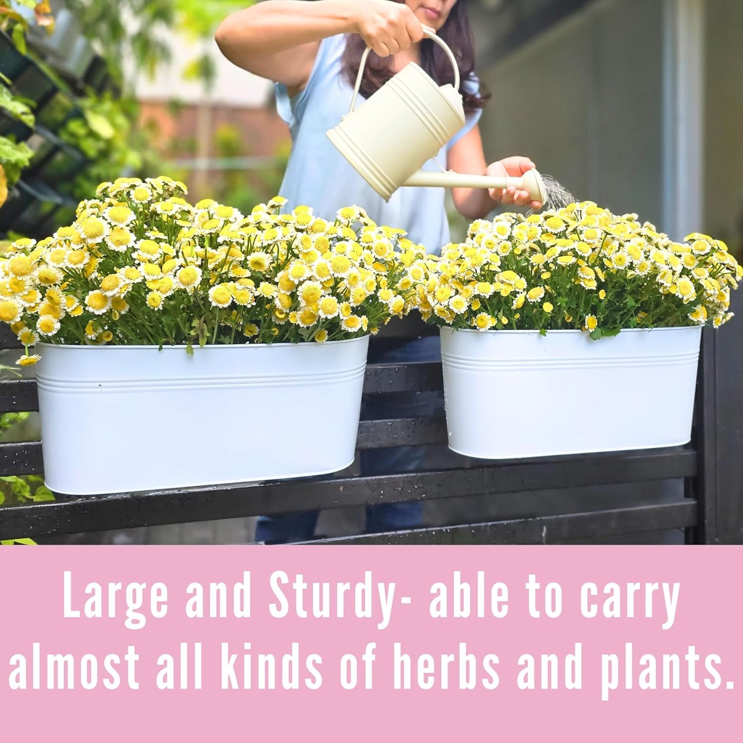 LaLaGreen Planter Boxes for Outdoor (4 Pack, 17 Inch) White Metal Deck Railing Hanging Flower Pots, Large Window Box Plant Holder Hooks Fence Rail Buckets Herb Boho Style Wall Mount Porch Garden Decor