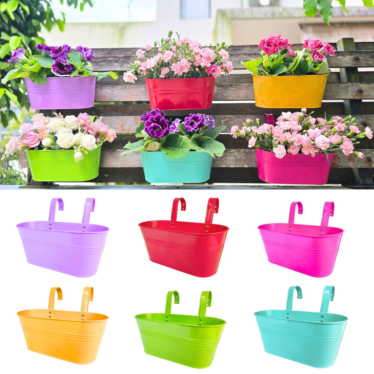 LaLaGreen Colorful Oval Metal Railing Planter Boxes