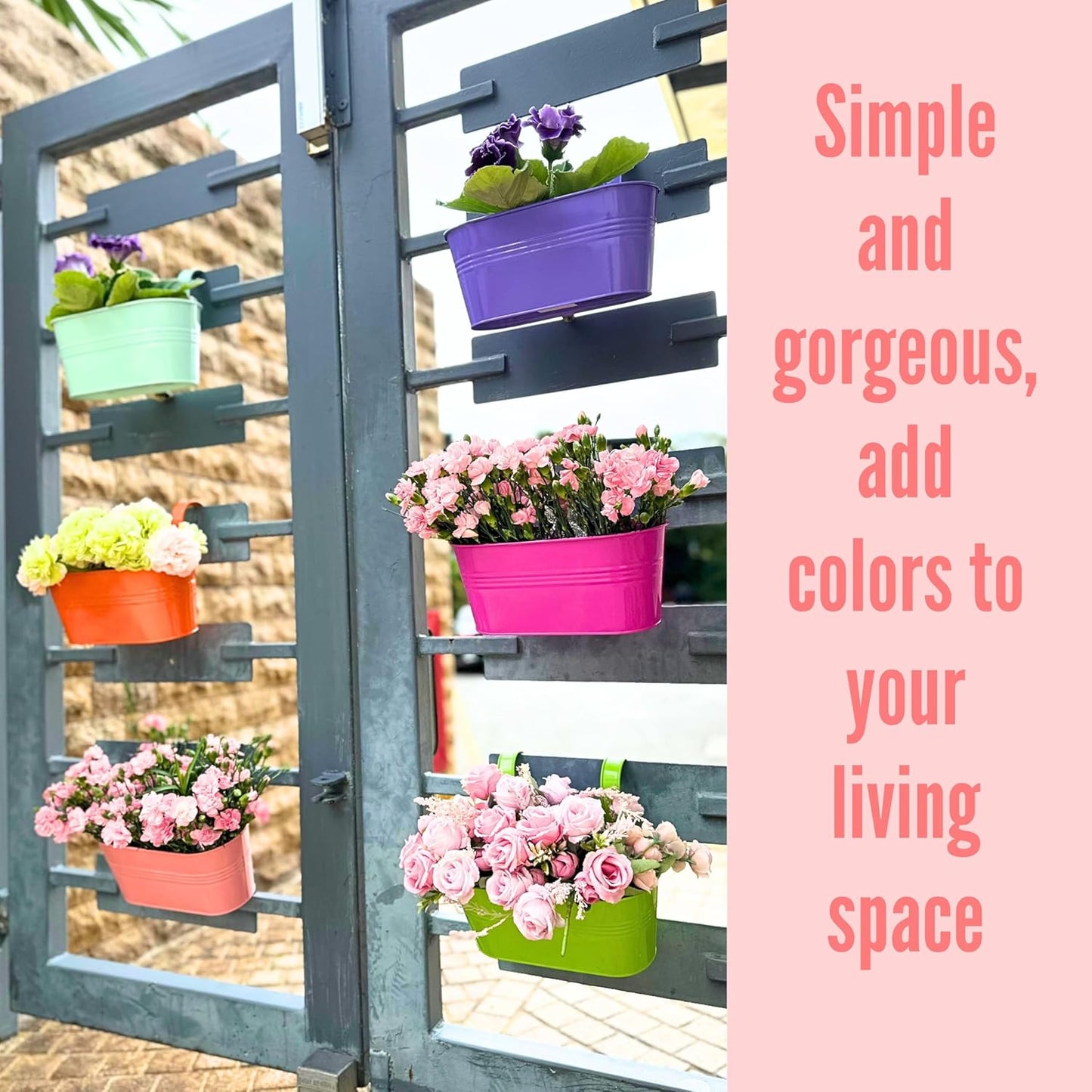 LaLaGreen Outdoor Hanging Planter (11.2 Inch, 6 Pack) Light Blue, Green, Neon Pink, Dark Blue, Orange, Peachy Pink Metal Iron Window Box Flower Pot Deck Railings Fence Rails Buckets Porch Garden Decor