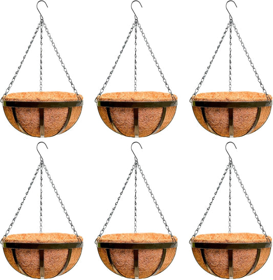LaLaGreen Outdoor Hanging Baskets for Plants (6 Pack, 12 Inch) Medium Hanging Planter with Coco Liner, Flat Iron Metal Round Plant Flower Pots for Deck Patio Porch Garden Balcony Outside Decoration