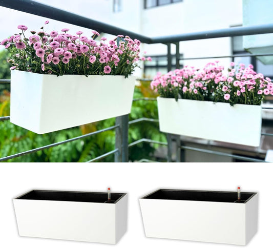 LaLaGreen Railing Planter Box (2 Pack, 14 Inch) White Rectangular Window Flower Boxes with Bracket, Self Watering System Hanging Planters for Outdoor Plant Pot Container Deck Rail Fence Balcony Herb