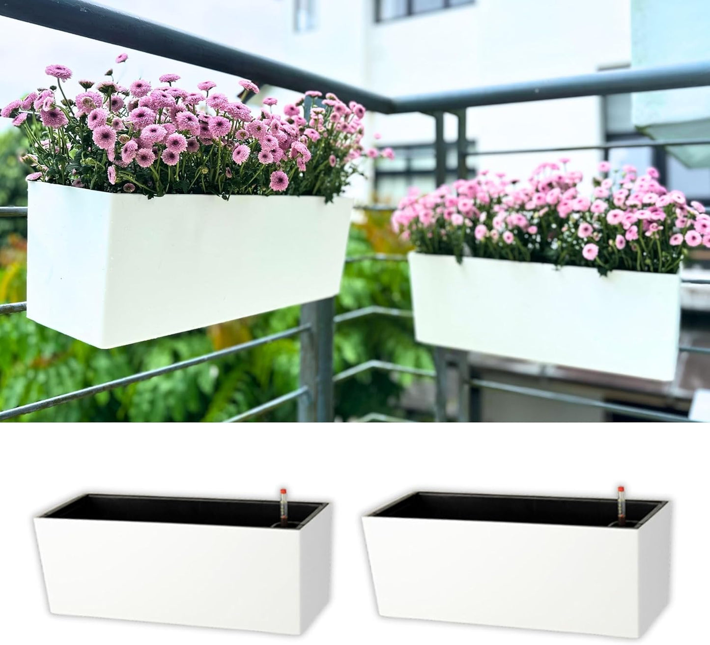 LaLaGreen Railing Planter Box (2 Pack, 14 Inch) White Rectangular Window Flower Boxes with Bracket, Self Watering System Hanging Planters for Outdoor Plant Pot Container Deck Rail Fence Balcony Herb