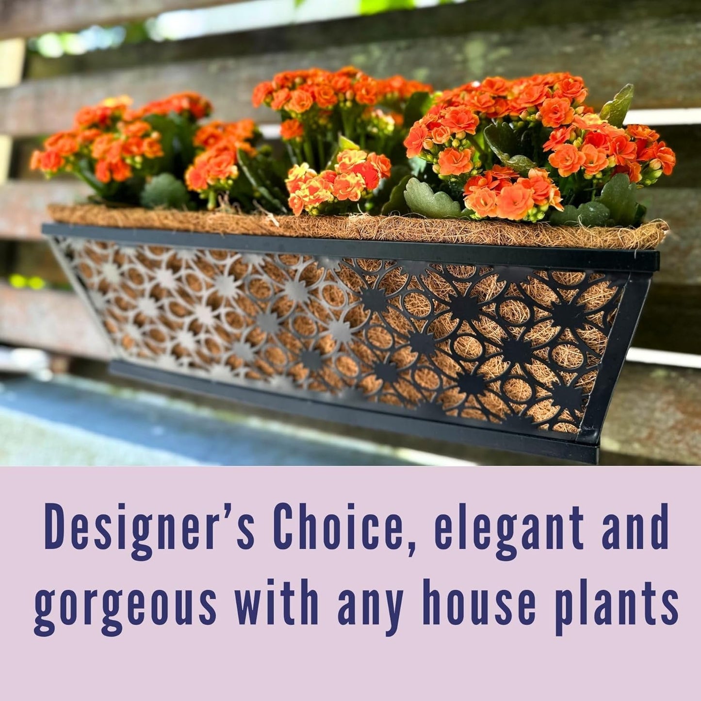 LaLaGreen Window Box Planter for Outdoor Plants (4 Pack, 16 Inch) Black Metal Rectangular Flower Pot Wall Planters with Coco Liner, Modern Horse Trough Railing Garden Balcony, Patio, Fence, and Deck