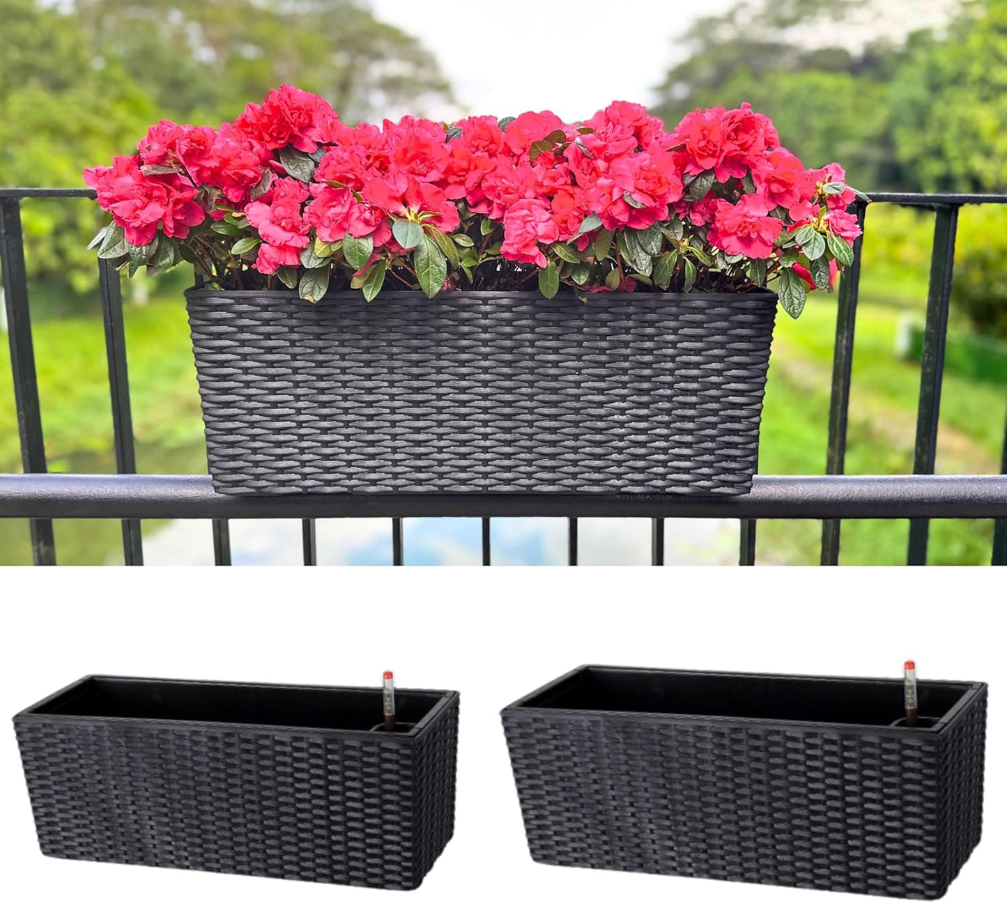 LaLaGreen Railing Planters for Balcony Garden (2 Pack, 20 Inch) Self Watering Black Balcony Flower Boxes Over The Rail with Brackets, Rectangular Hanging Deck Planters Outdoor with Rattan Pattern