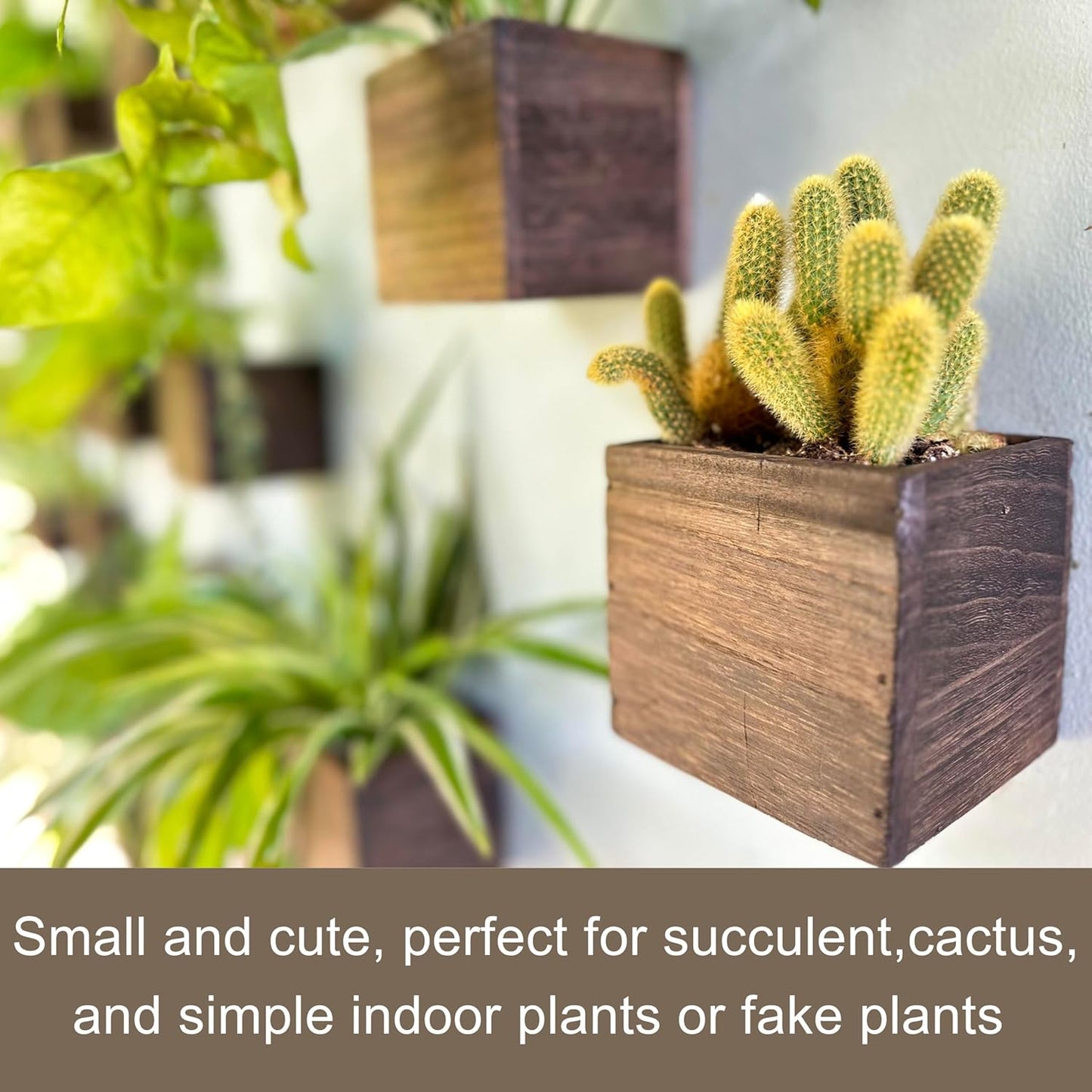 LaLaGreen Wood Planter Box for Plants (4x4 Inch, 2 Pack) Small Square Wall Planters for Indoor Plant, Window Hanging Flower Pot Wooden Boxes for Table Centerpiece Herb Balcony Home Garden Office Decor