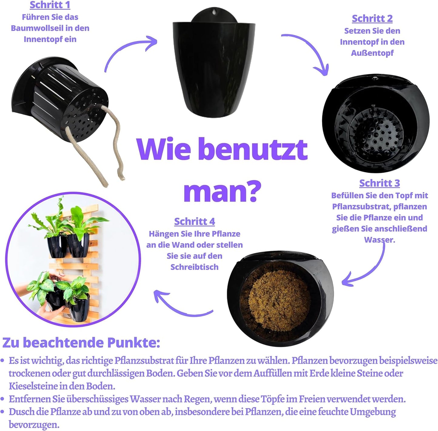 LaLaGreen Wall Planters for Indoor Plants - 10 Pack, 4 Inch Black Self Watering Pots Modern Indoor Hydroponic Vertical Live Garden Wall Mounted Hanging Plant Holder