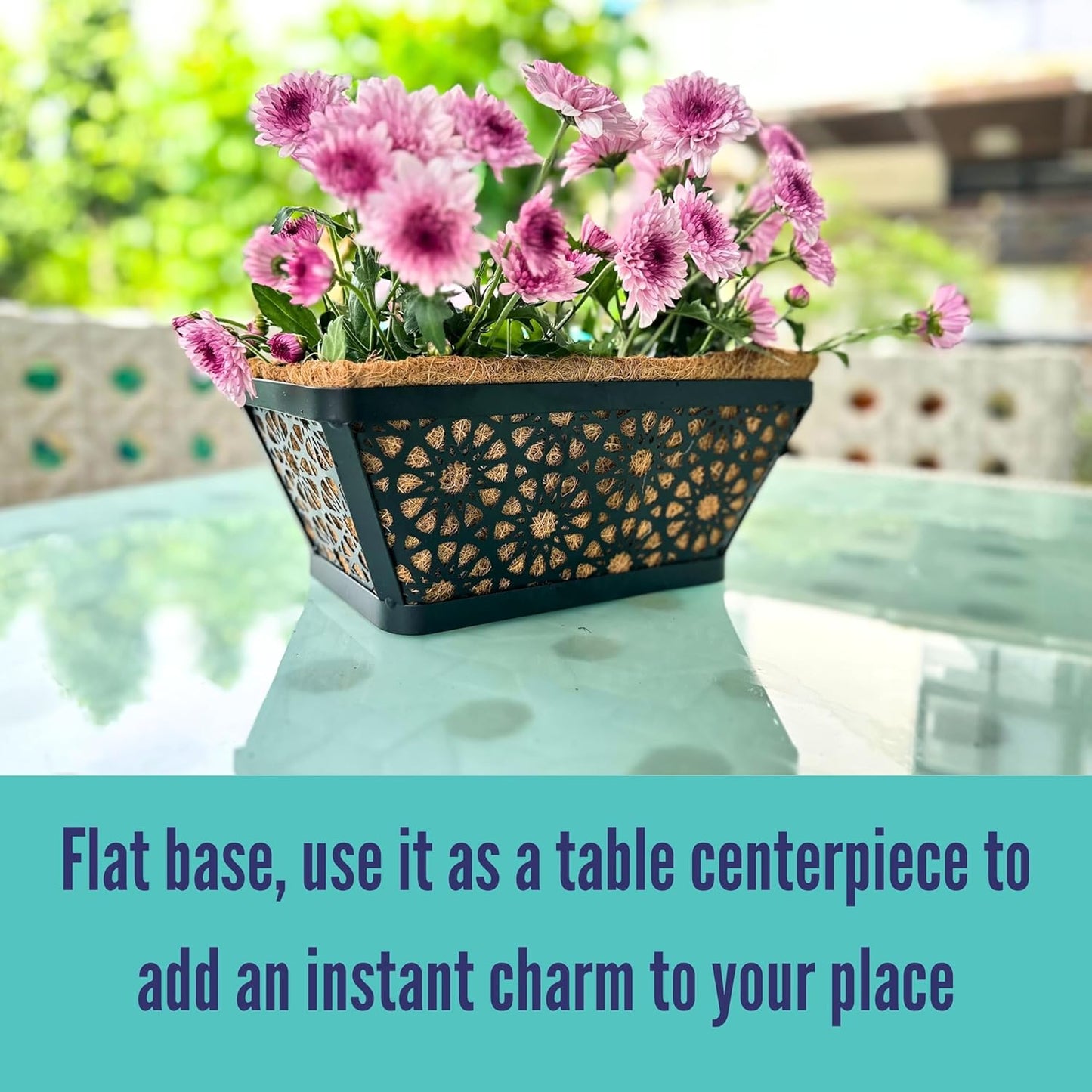 LaLaGreen Window Boxes Planters for Outdoor Plants (4 Pack, 12 Inch) Small and Cute Black Metal Fence Hanging Flower Box Basket with Coco Liner Unique Horse Troughs Balcony Garden Pot Patio Porch Rail