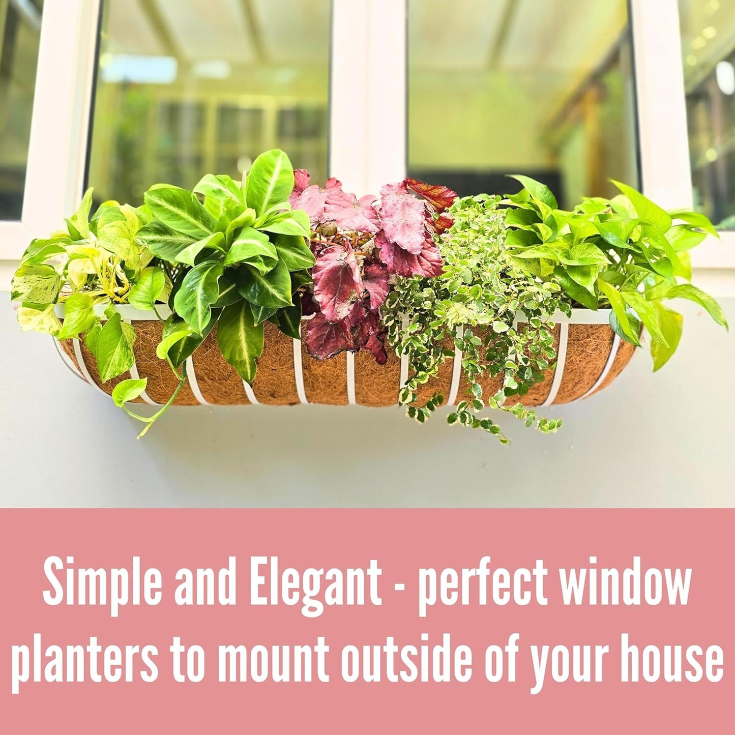 LaLaGreen Outoor Planter Boxes (30 Inch, 2 Pack) White Metal Deck Railings Flower Box with Coco Liners, Rectangular Hanging Planters for Window Plant Horse Trough Fence Balcony Garden Herb Porch Patio