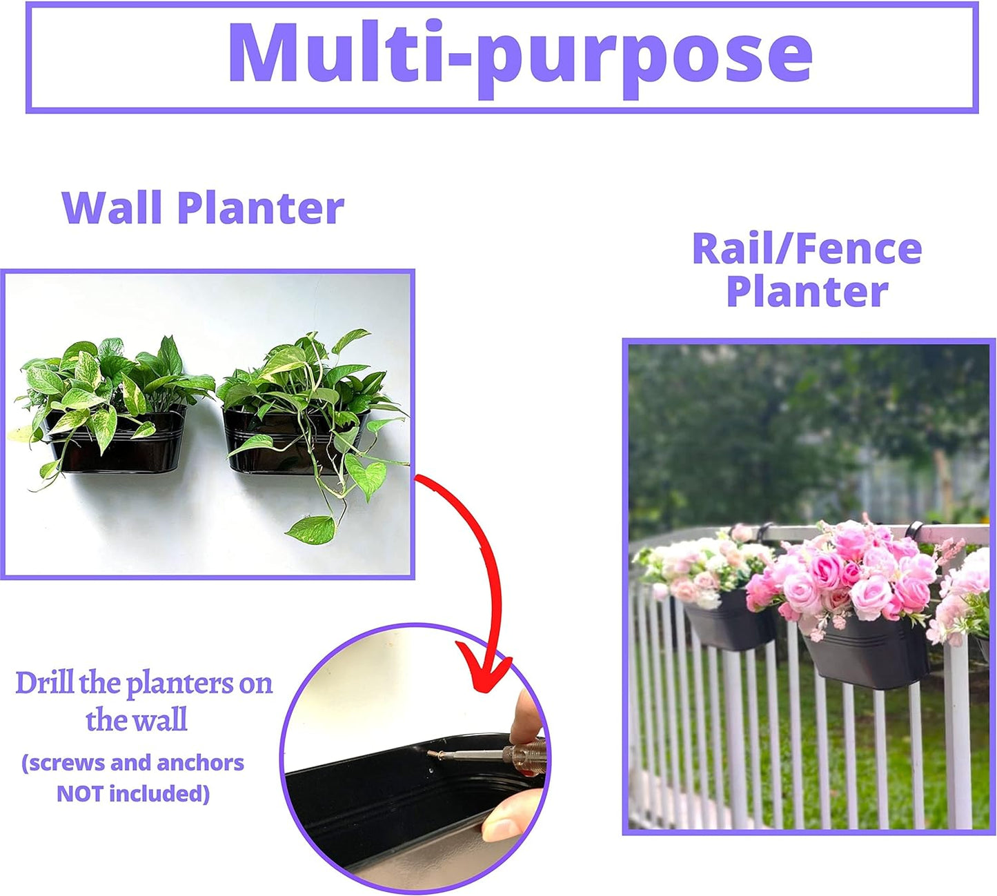 LaLaGreen Outdoor Rail Planter (11.8 Inch, 4 Pack) Black Metal Iron Hanging Flower Pots Deck Railings Fence Buckets Modern Countryside Boho Style Wall Mount Window Box Plant Holder Hooks Porch Decor