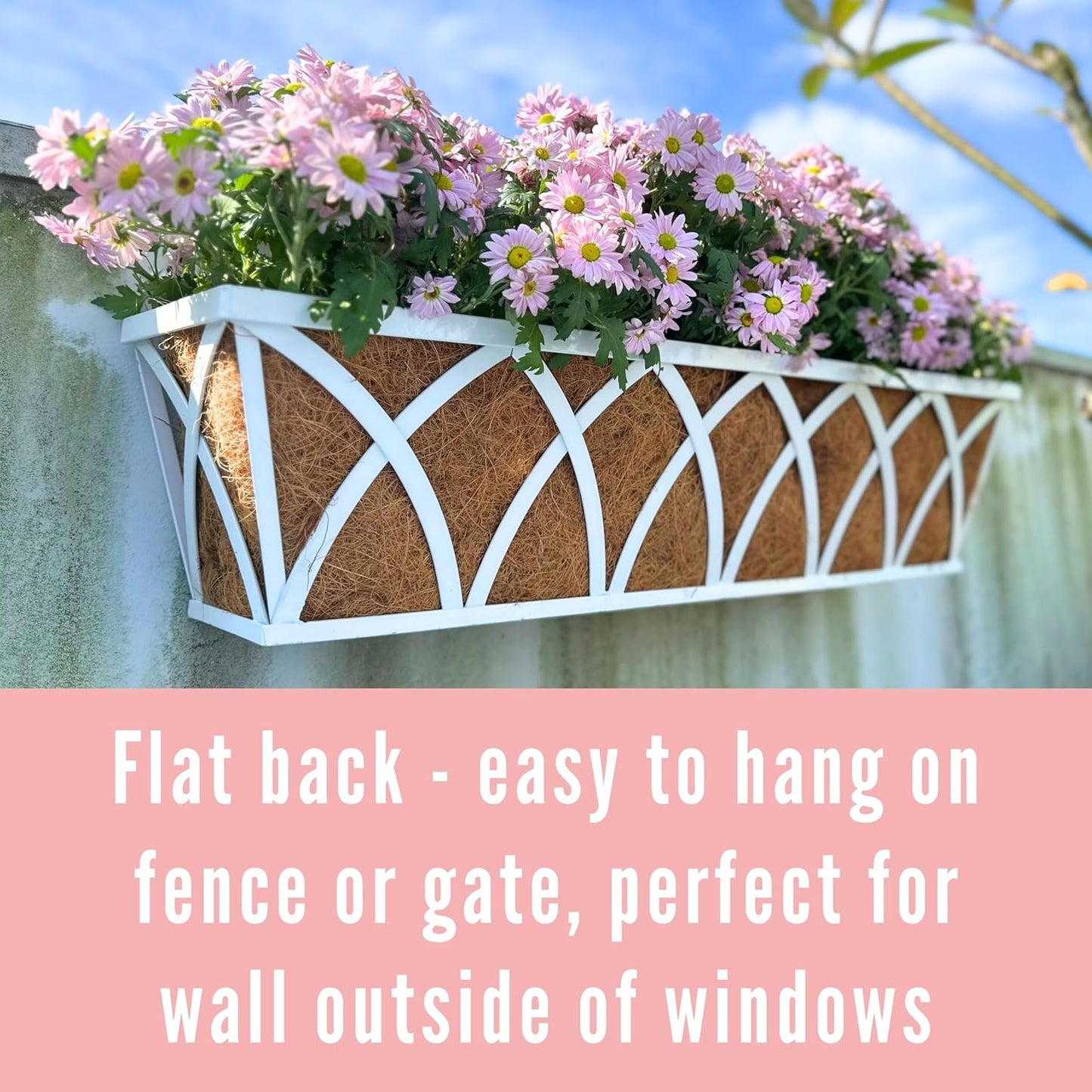 LaLaGreen Wall Planter (24 Inch, 2 Pack) White Metal Rectangular Hanging Flower Box Window Boxes Planters with Coco Liner Attach House Outdoor, Farmhouse Plant Holder Deck Railing Patio Balcony Fence
